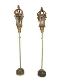 A Pair of Venetian Painted and Parcel Gilt Gondola Lanterns in Marblelized Bases