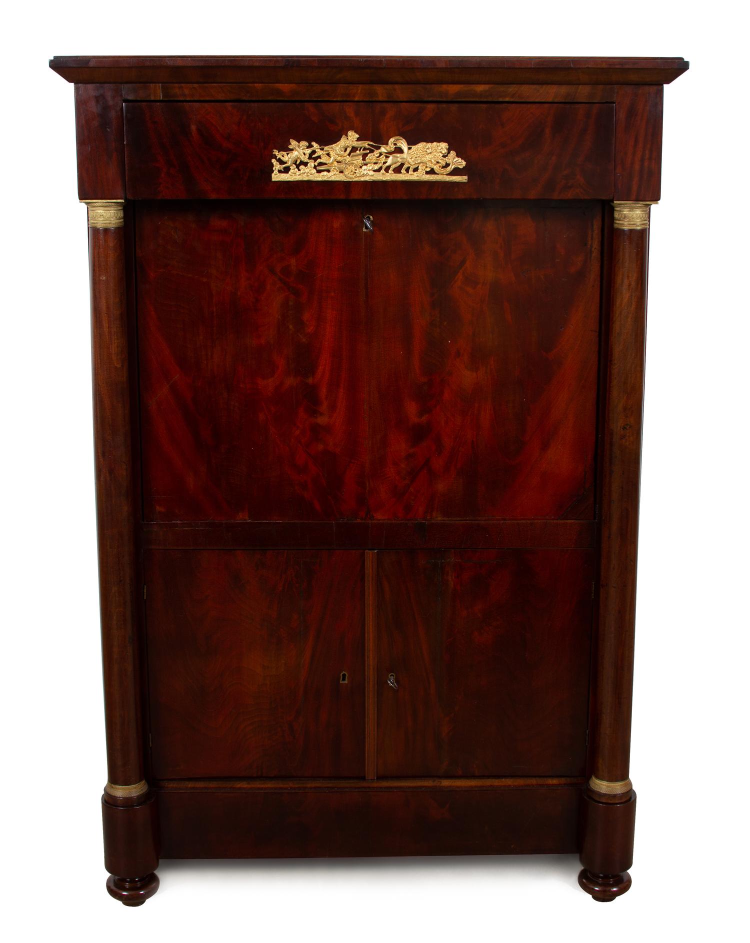 A Charles X Gilt Bronze Mounted Mahogany Secretaire Abbatant Height 60 3/4 x width 40 3/4 x depth 22 1/2 inches. — 19TH CENTURY