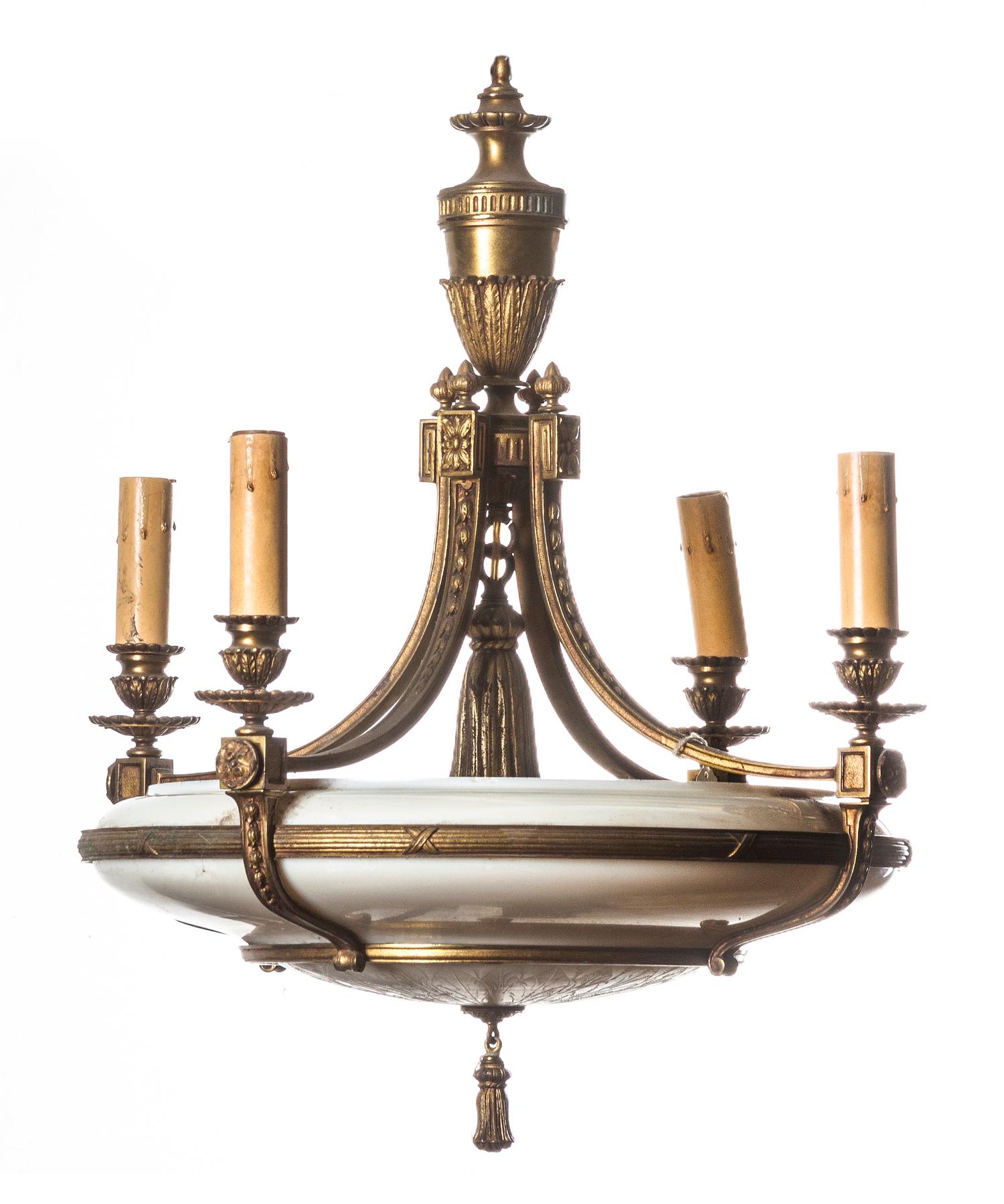 A Neoclassical Gilt Metal Five-Light Chandelier, Height 28 x diameter 21 1/2 inches.