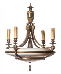 A Neoclassical Gilt Metal Five-Light Chandelier, Height 28 x diameter 21 1/2 inches.