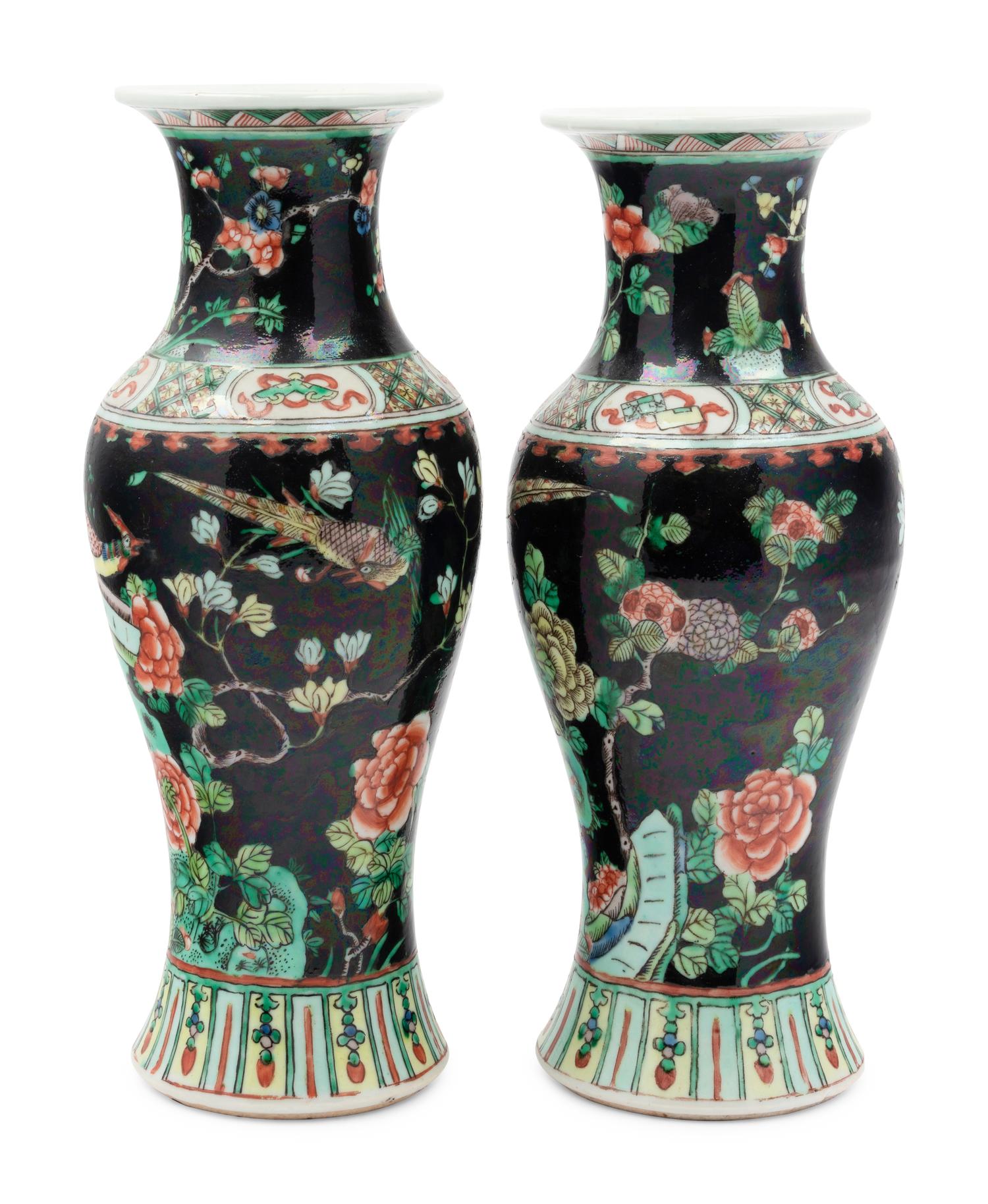 A Pair of Chinese Famille Noire Porcelain Yenyen Vases