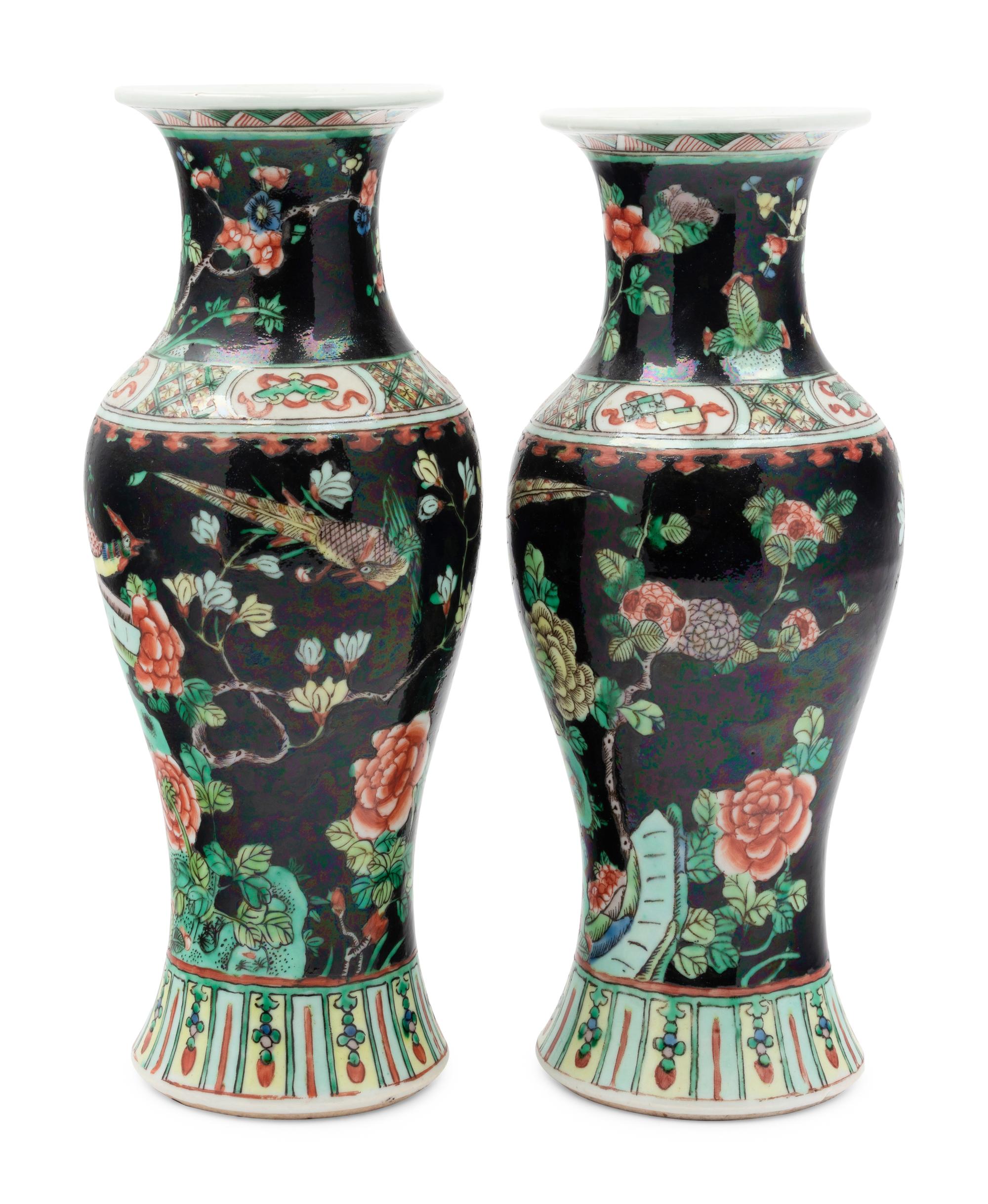 A Pair of Chinese Famille Noire Porcelain Yenyen Vases