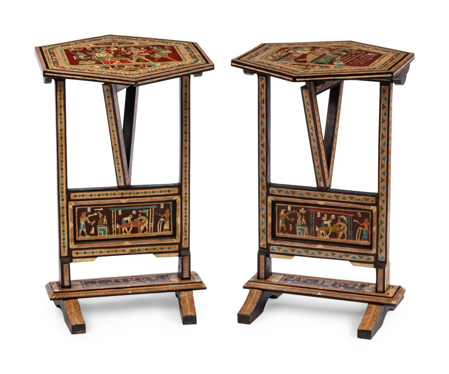 A Pair of Egyptian Revival Polychrome-Decorated and Inlaid Tilt-Top Tables