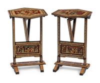 A Pair of Egyptian Revival Polychrome-Decorated and Inlaid Tilt-Top Tables