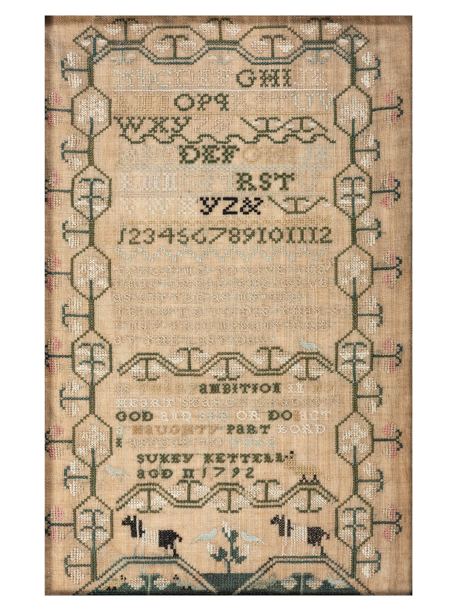 A Pair of Needlework Embroidered Schoolgirls' Samplers, Wrought by the Kettell Sisters, Sukey and Esther
