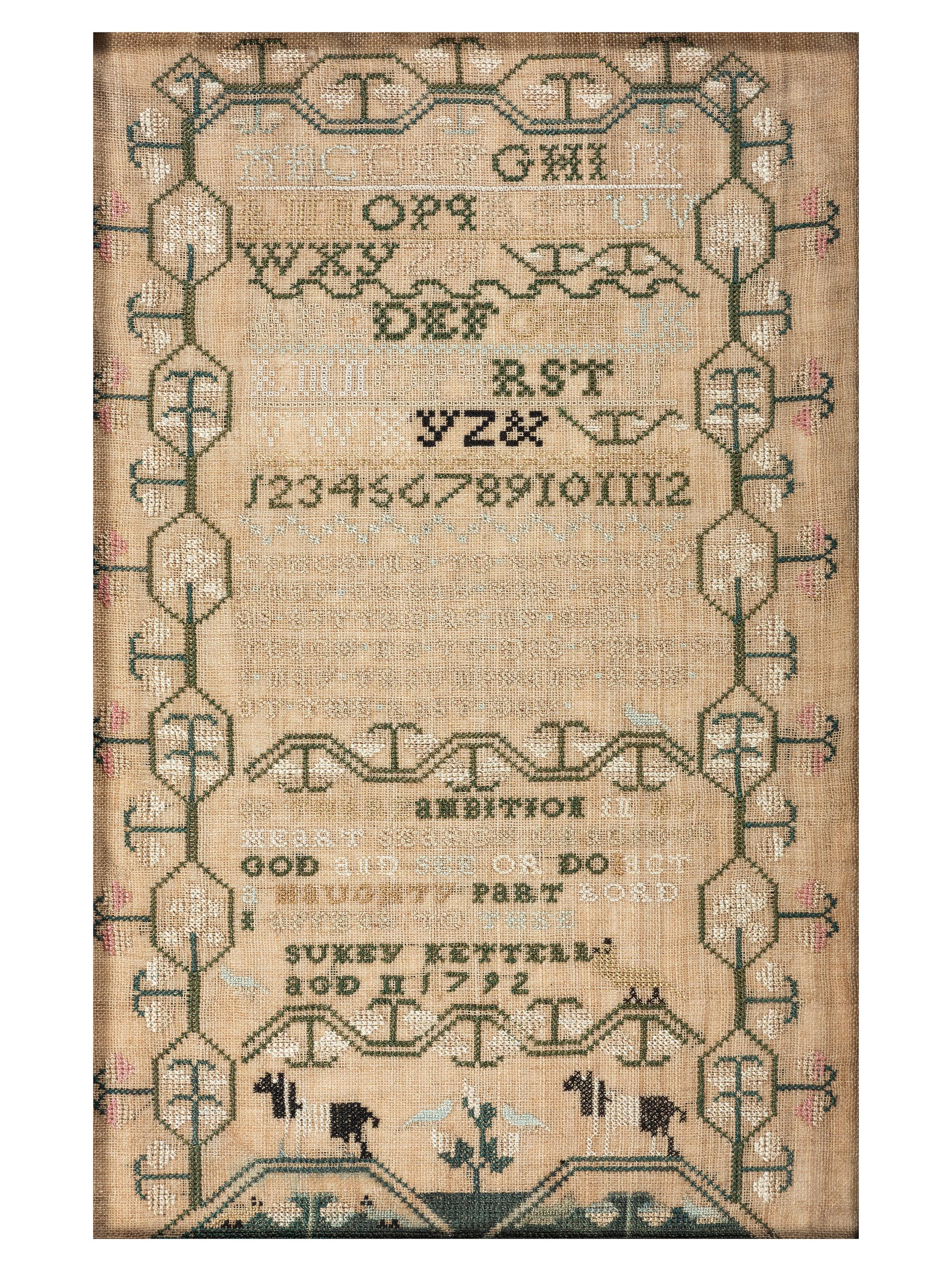 A Pair of Needlework Embroidered Schoolgirls' Samplers, Wrought by the Kettell Sisters, Sukey and Esther