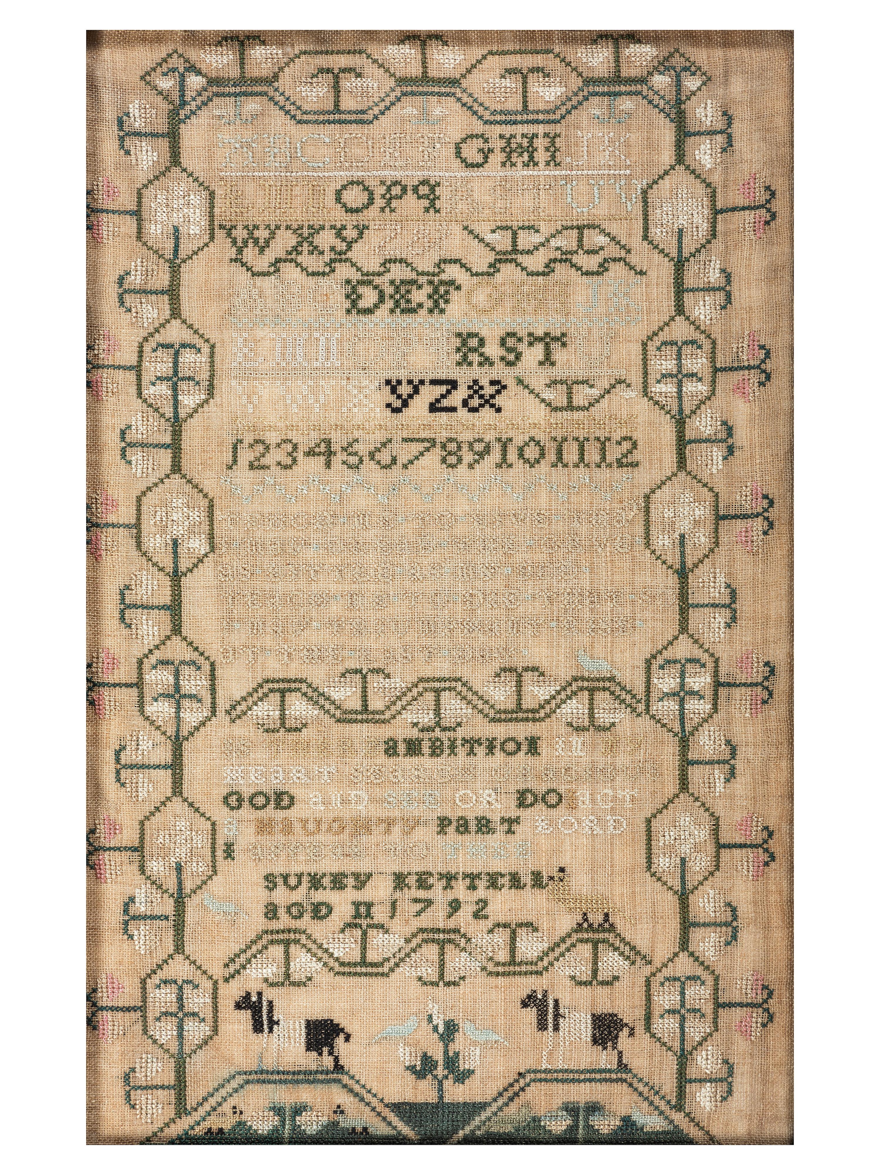 A Pair of Needlework Embroidered Schoolgirls' Samplers, Wrought by the Kettell Sisters, Sukey and Esther