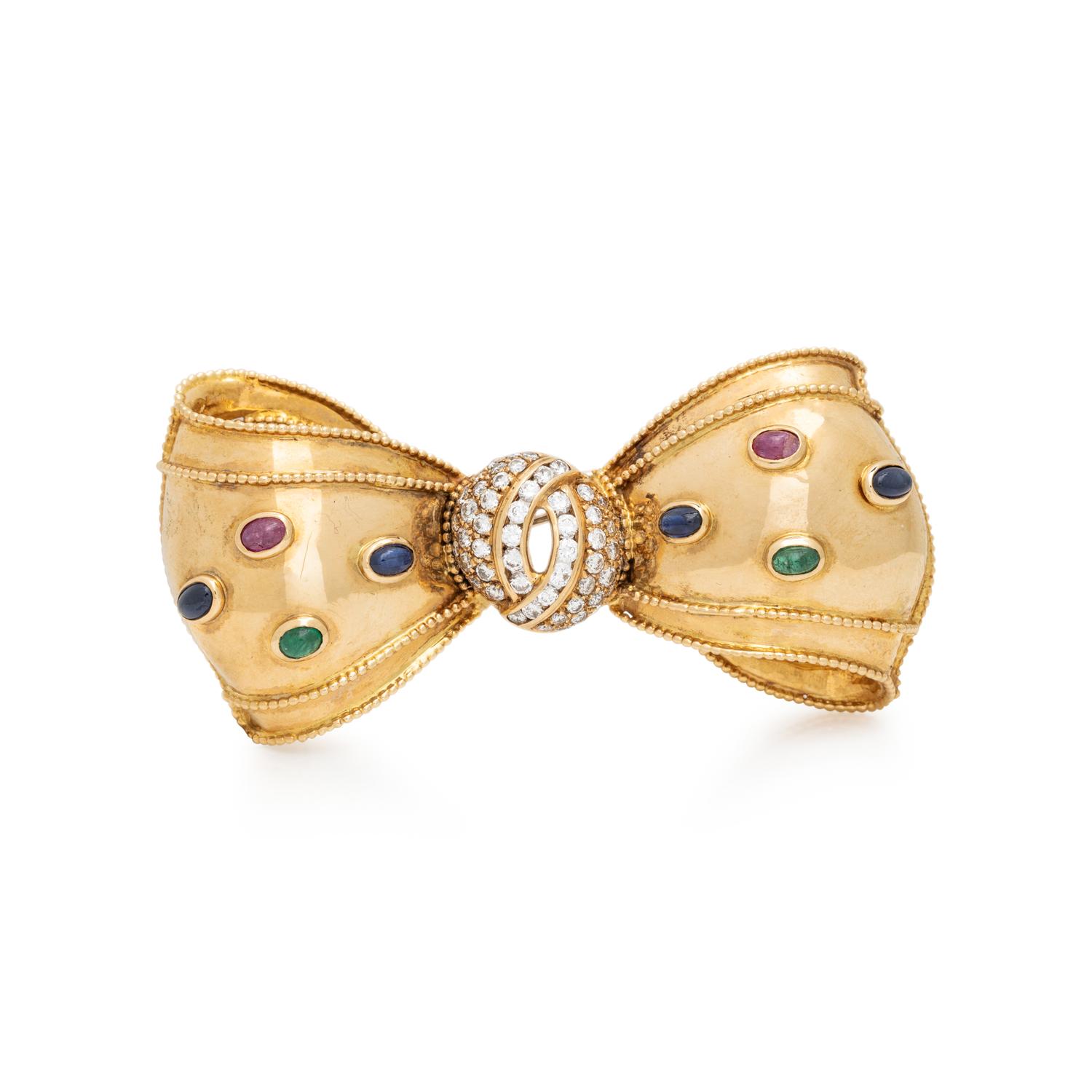 YELLOW GOLD AND MULTIGEM BOW BROOCH