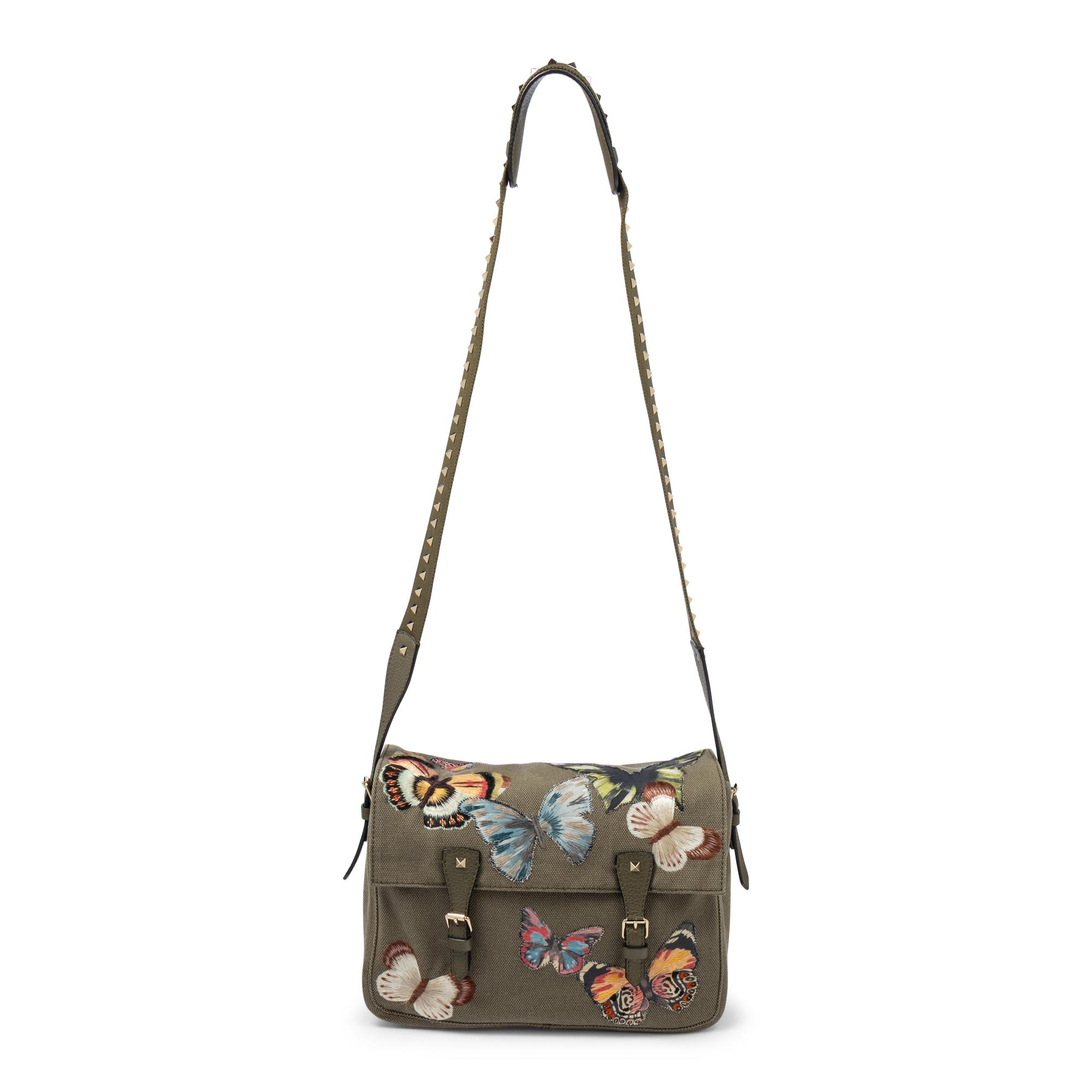 VALENTINO, ROCKSTUD BUTTERFLY CANVAS MESSENGER BAG