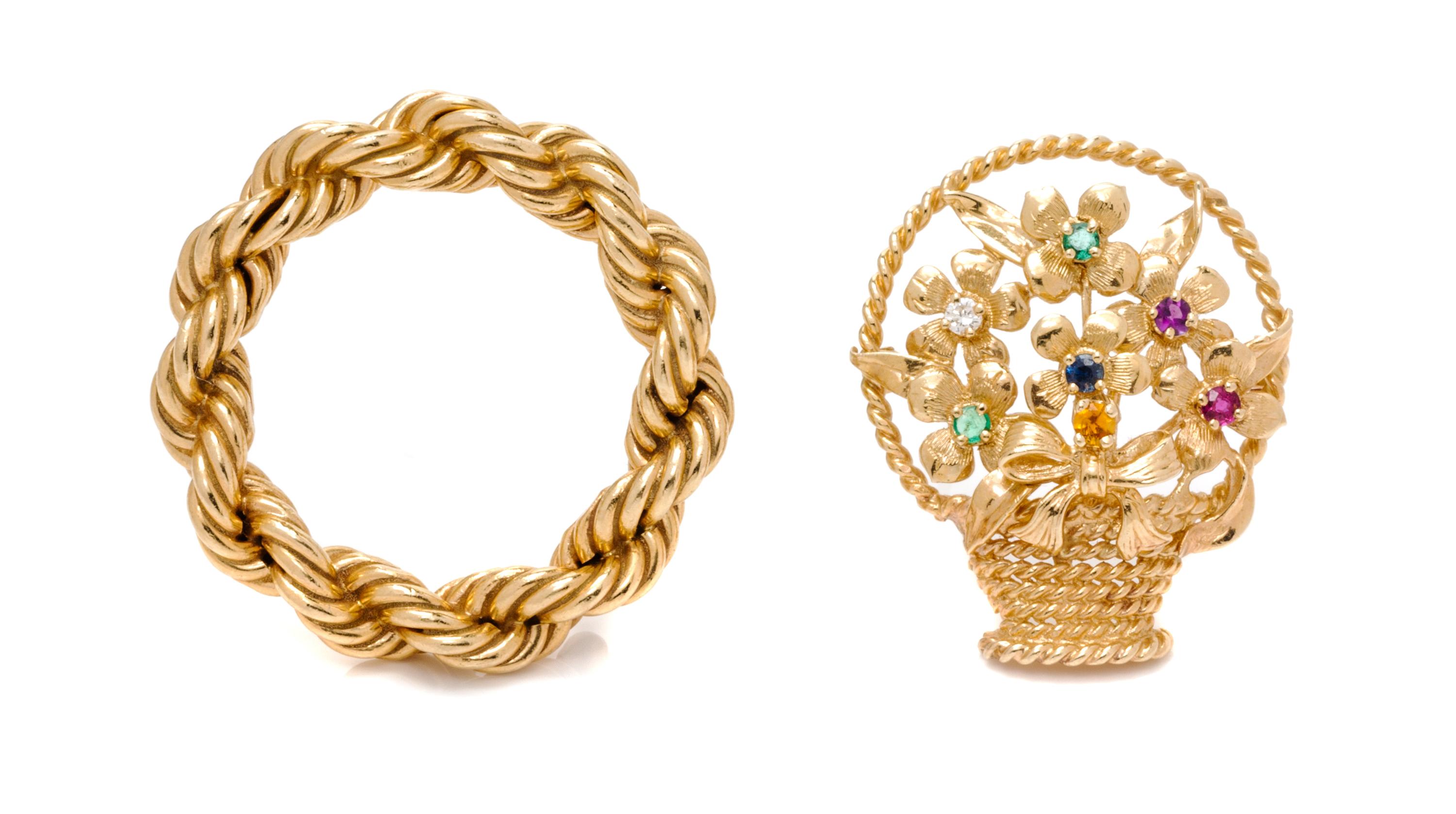 A Collection of 14 Karat Yellow Gold Brooches, 13.30 dwts.