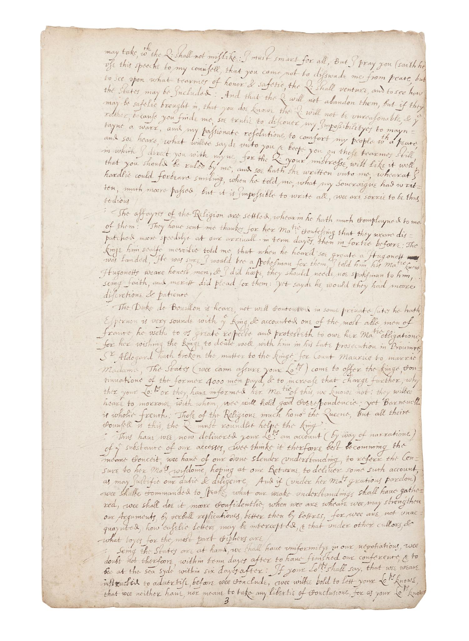 CECIL, Robert, 1st Earl of Salisbury (1563-1612). Manuscript copy of two dispatches by Sir Robert Cecil giving account of his embassy to King Henry IV of France, 23 March 1597 & 27 March 1598. [ca 17th century]. Together 17 pages (302 x 203 mm) on 5 bifolia. Marginal chipping affecting a few letters, creased, some minor soiling.