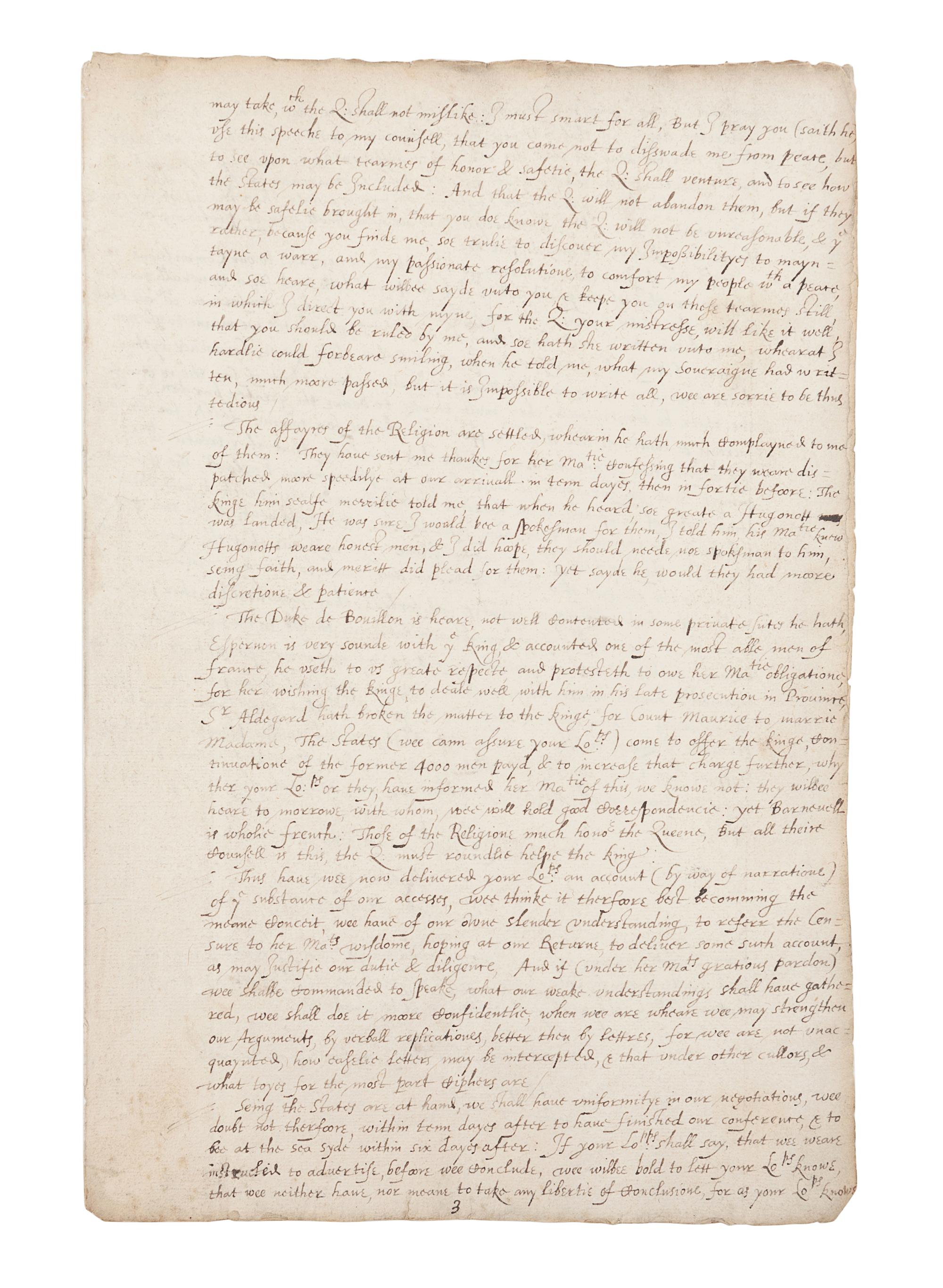CECIL, Robert, 1st Earl of Salisbury (1563-1612). Manuscript copy of two dispatches by Sir Robert Cecil giving account of his embassy to King Henry IV of France, 23 March 1597 & 27 March 1598. [ca 17th century]. Together 17 pages (302 x 203 mm) on 5 bifolia. Marginal chipping affecting a few letters, creased, some minor soiling.