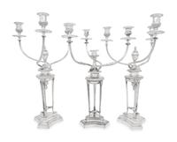 A Set of Three Silver-Plate Three-Light Candelabra