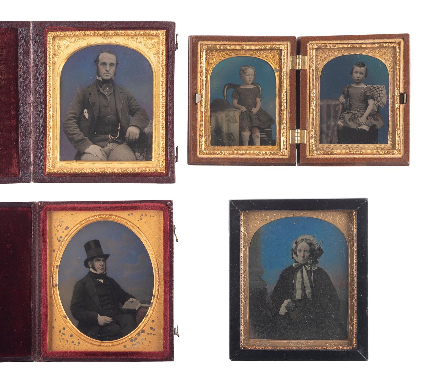 [EARLY PHOTOGRAPHY]. A group of 13 European daguerreotype and ambrotype portraits featuring applied color, including: