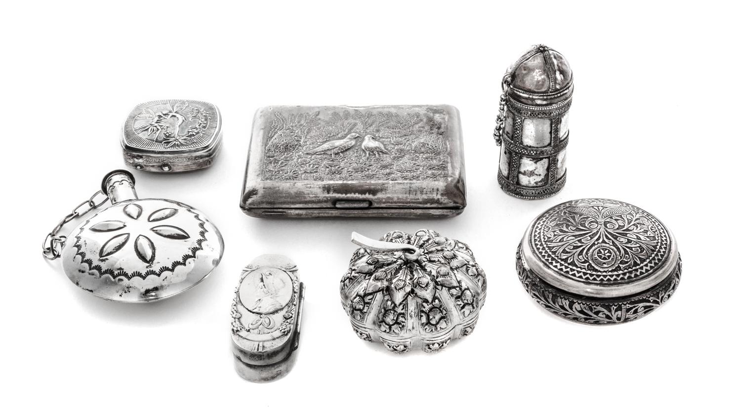A Collection of Six Silver-Plate Boxes, 19th/20th Century, of various forms, make and vintage, together with a silver-plate flask.