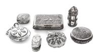 A Collection of Six Silver-Plate Boxes, 19th/20th Century, of various forms, make and vintage, together with a silver-plate flask.