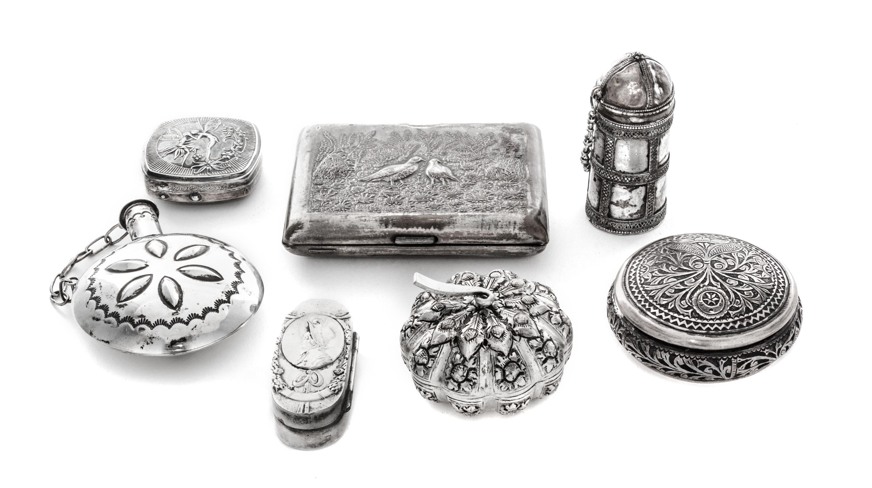 A Collection of Six Silver-Plate Boxes, 19th/20th Century, of various forms, make and vintage, together with a silver-plate flask.