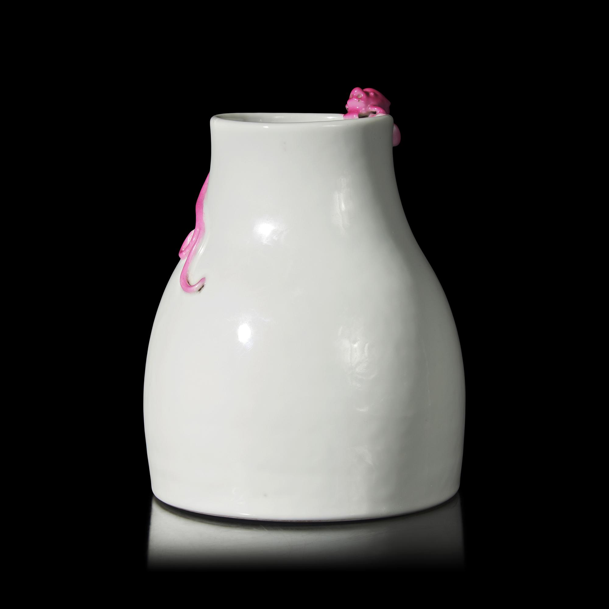 A Chinese Ruby Enameled White Glazed Porcelain 'Chilong' Vase, Possibly 18th Century — 或為清中期 “毓秀軒製”款白釉盤粉彩螭龍瓶