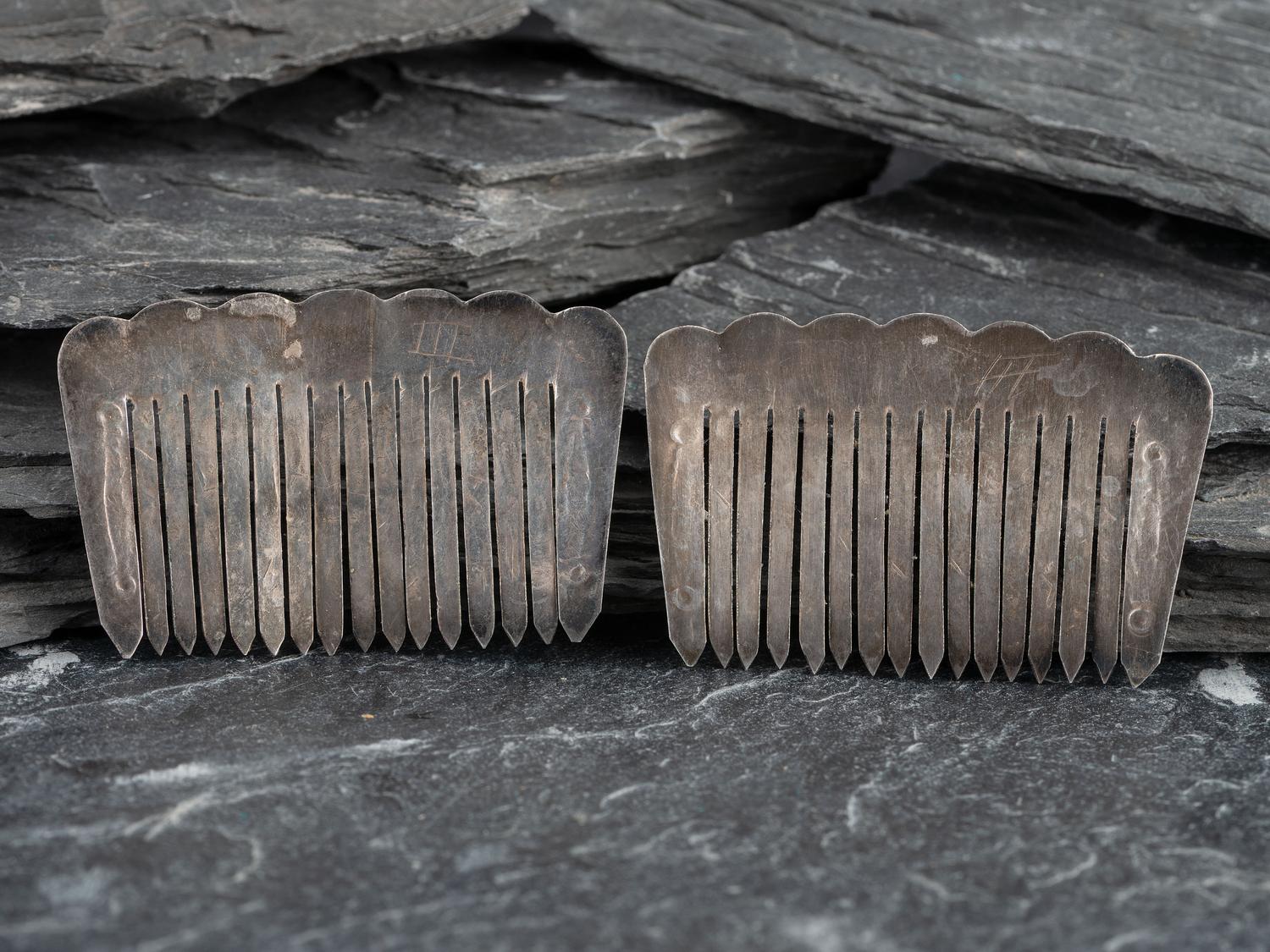 Pair of Stamped Silver and Turquoise Hair Combs/Barretes