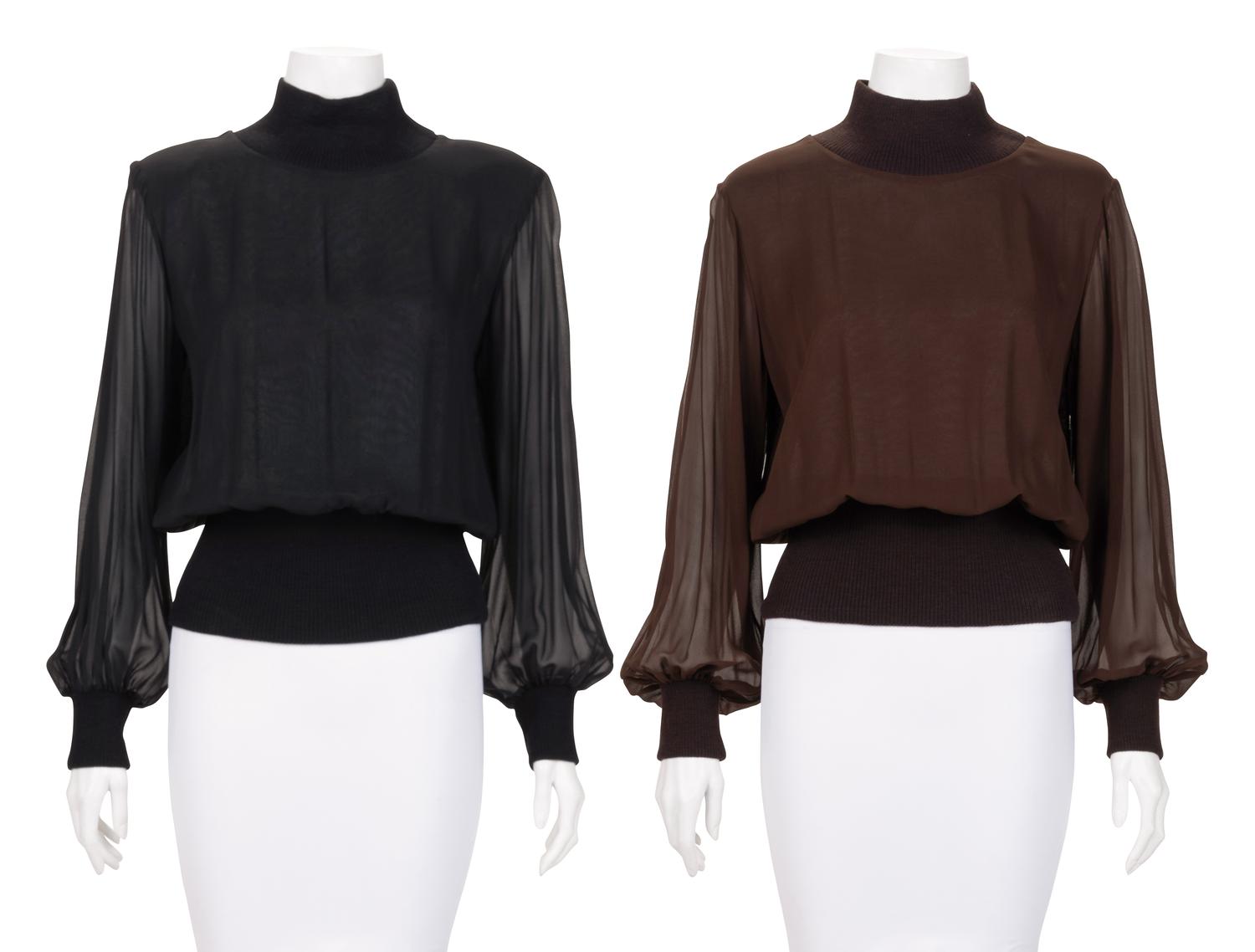 Two Yves Saint Laurent Haute Couture Knit Tops with Sheer Sleeves, 1980-90s