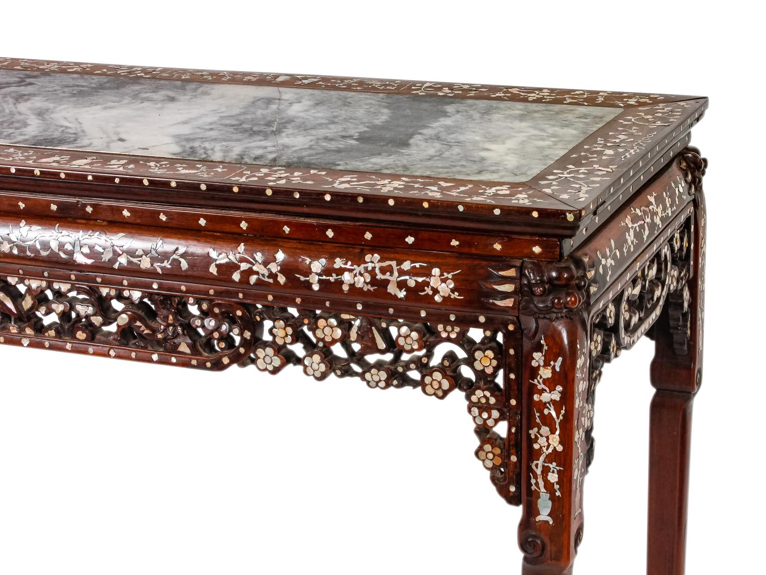 A Mother-of-Pearl Inlaid Rosewood Altar Table and Three Armchairs