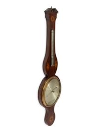 An English Mahogany Marquetry Wheel Barometer Thermometer