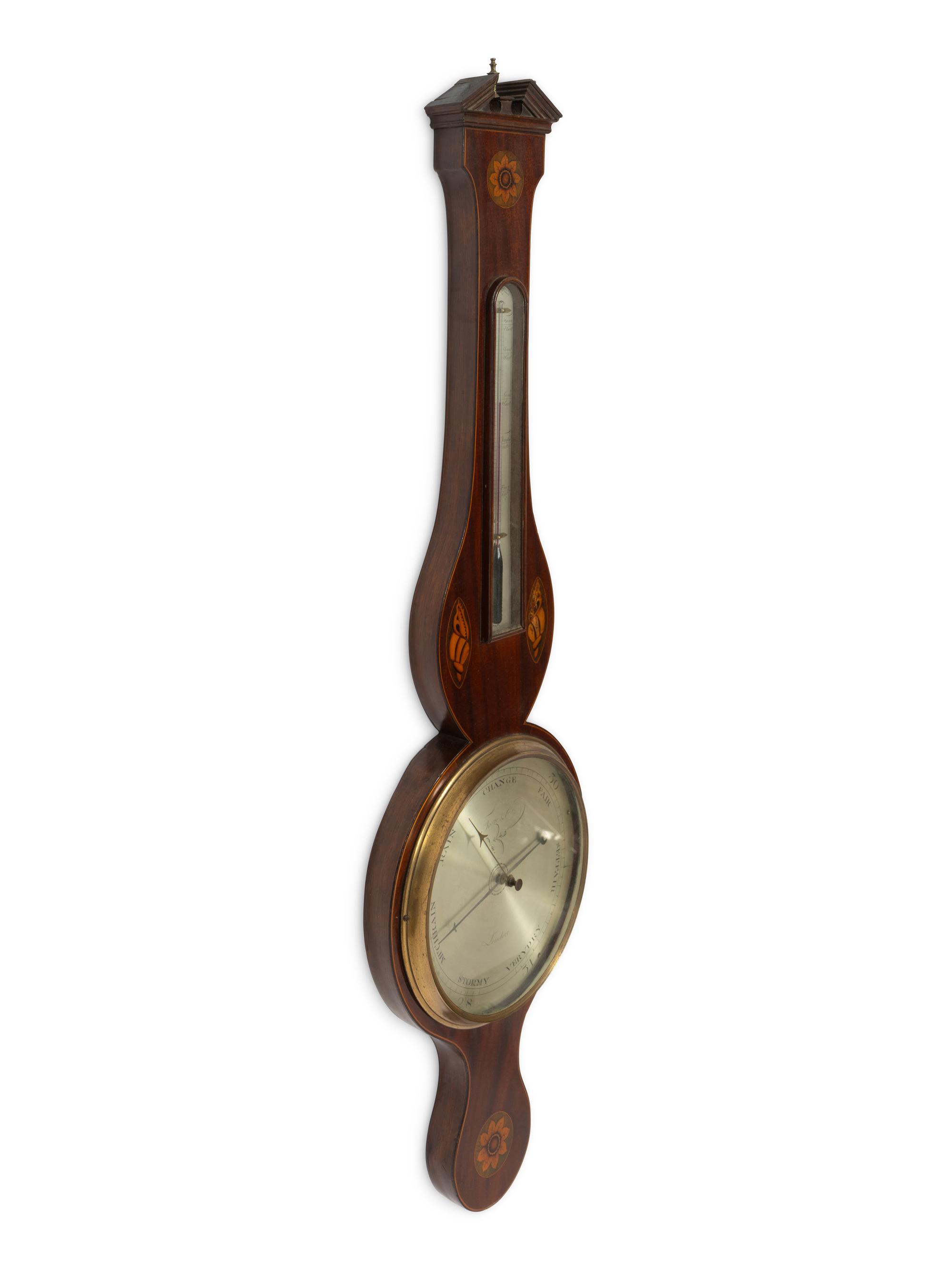 An English Mahogany Marquetry Wheel Barometer Thermometer