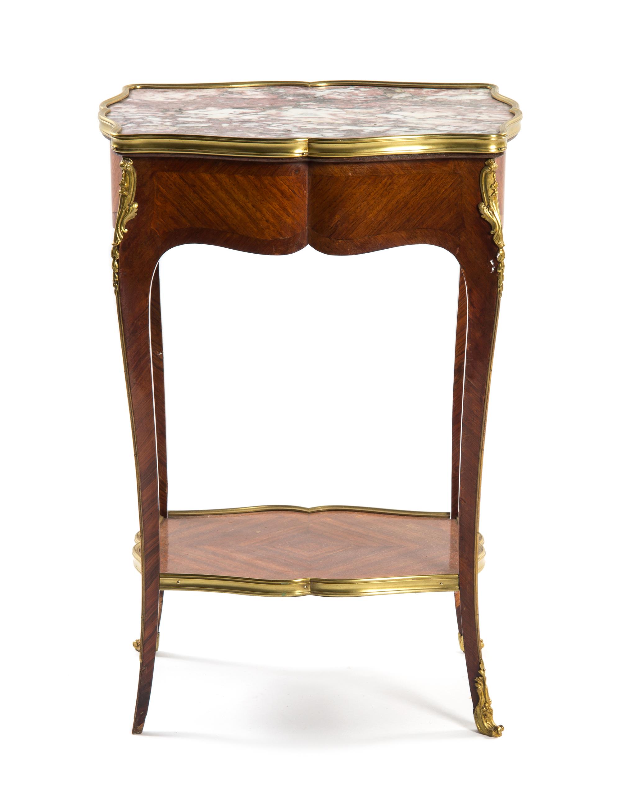 A Louis XV Style Gilt Bronze Mounted Table en Chiffonier, Height 31 1/2 x width 16 x depth 14 inches.