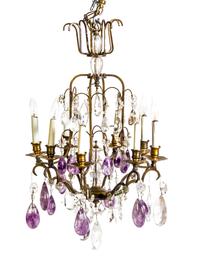A French Gilt Bronze, Rock Crystal and Amethyst Eight-Light Chandelier, Height 26 x diameter 17 1/4 inches.