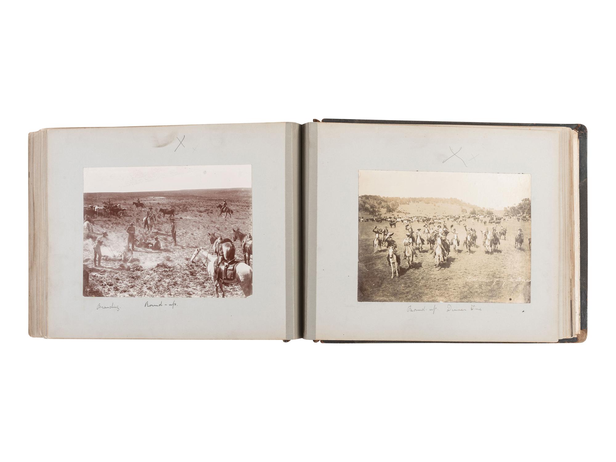 [WESTERN AMERICANA - NEW MEXICO]. Album containing photographs of cowboys and cattle in Colfax County, New Mexico, incl. views of the Urraca Ranch. Ca 1885-1895.