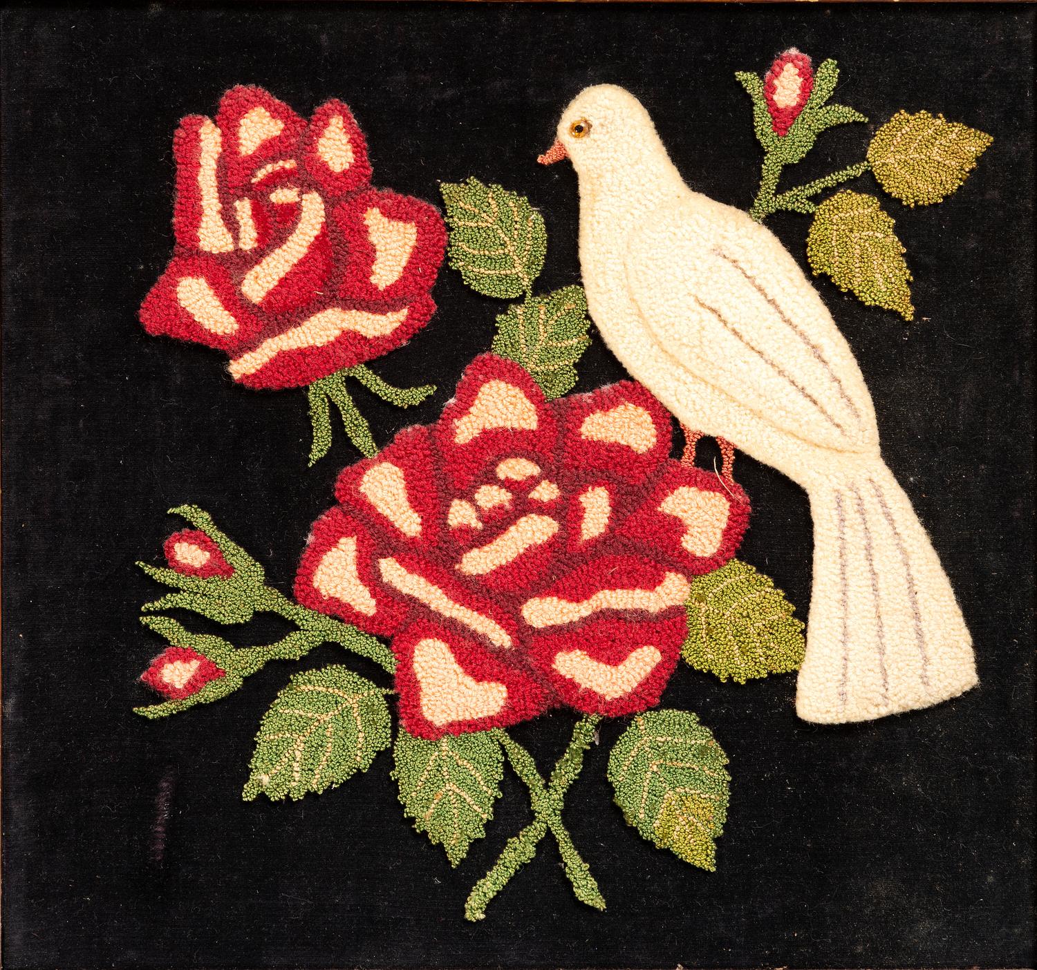 An American Embroidered Stumpwork Velvet Panel of Dove with Flowers