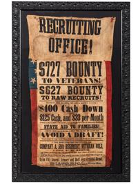 [CIVIL WAR]. 59th Massachusetts Infantry recruitment banner stitched to American flag. Lynn, MA: H.S. Cox, late 1863.