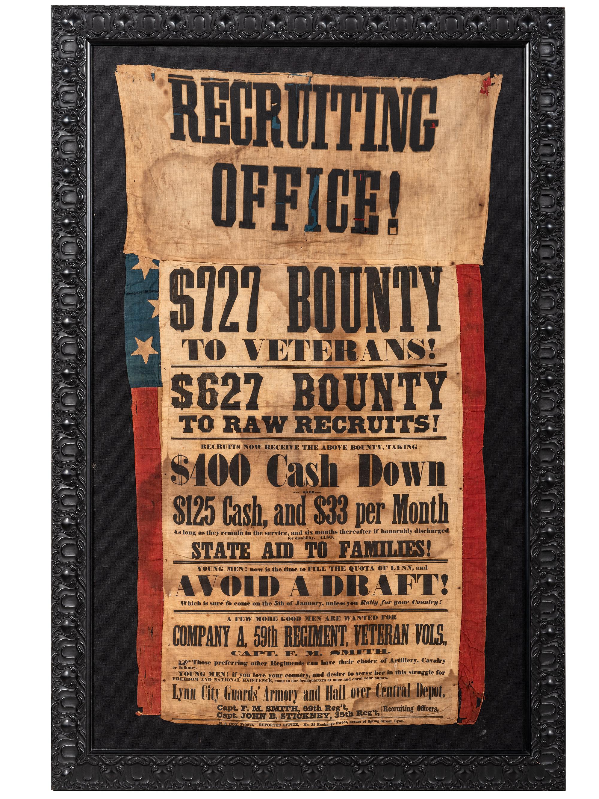 [CIVIL WAR]. 59th Massachusetts Infantry recruitment banner stitched to American flag. Lynn, MA: H.S. Cox, late 1863.