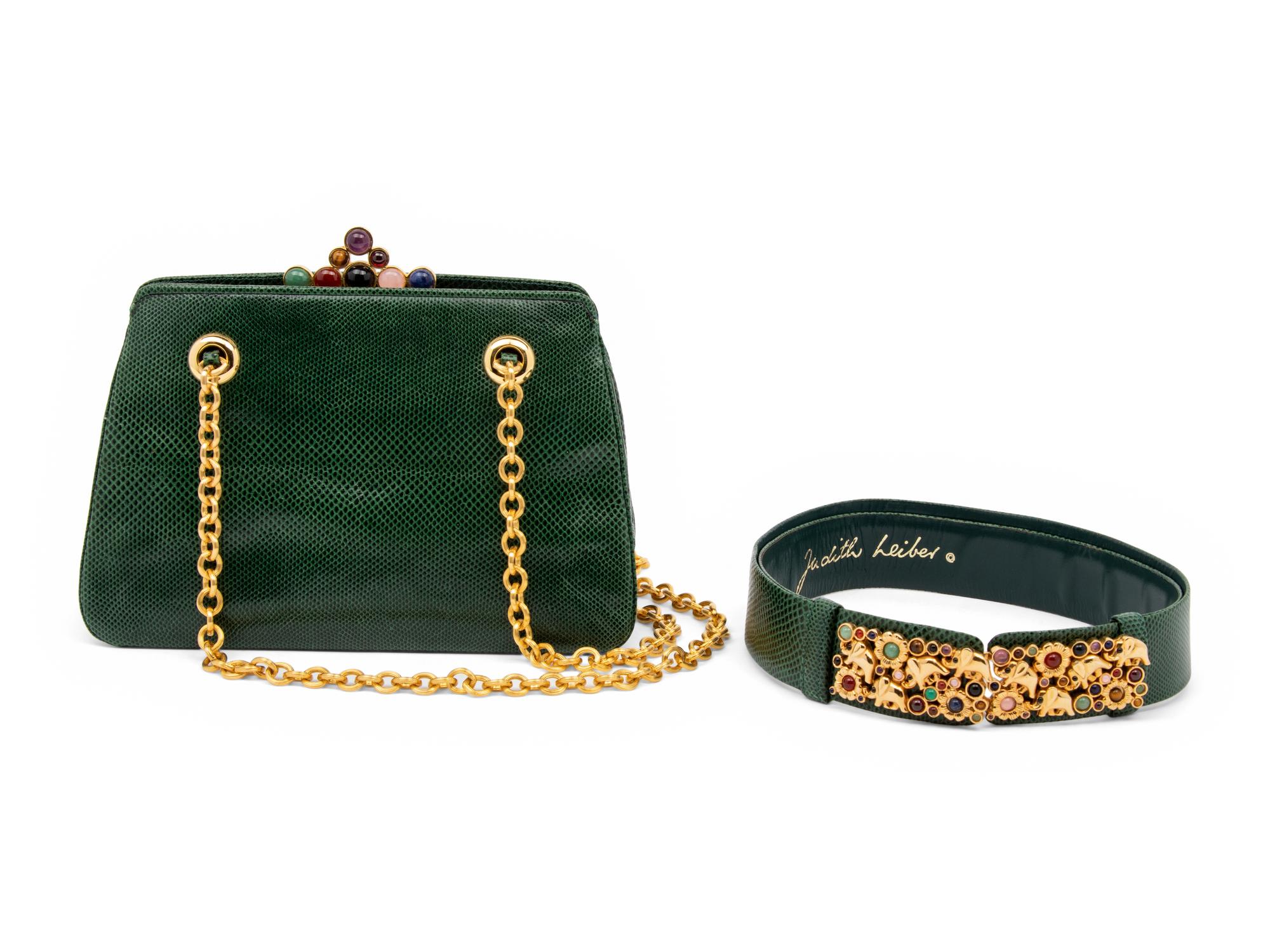 Judith Leiber Green Snakeskin Bag and Belt, 1980-90s