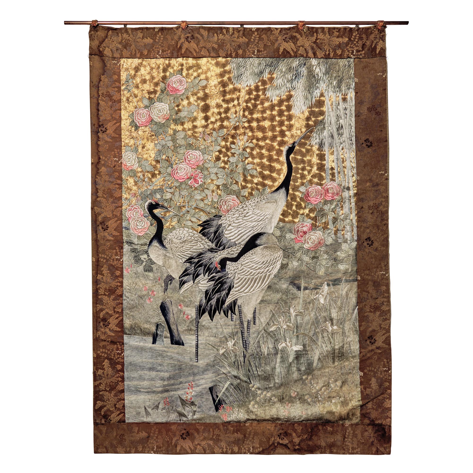 A Large Japanese Embroidered 'Cranes' Wall Hanging, Meiji/Taisho Period