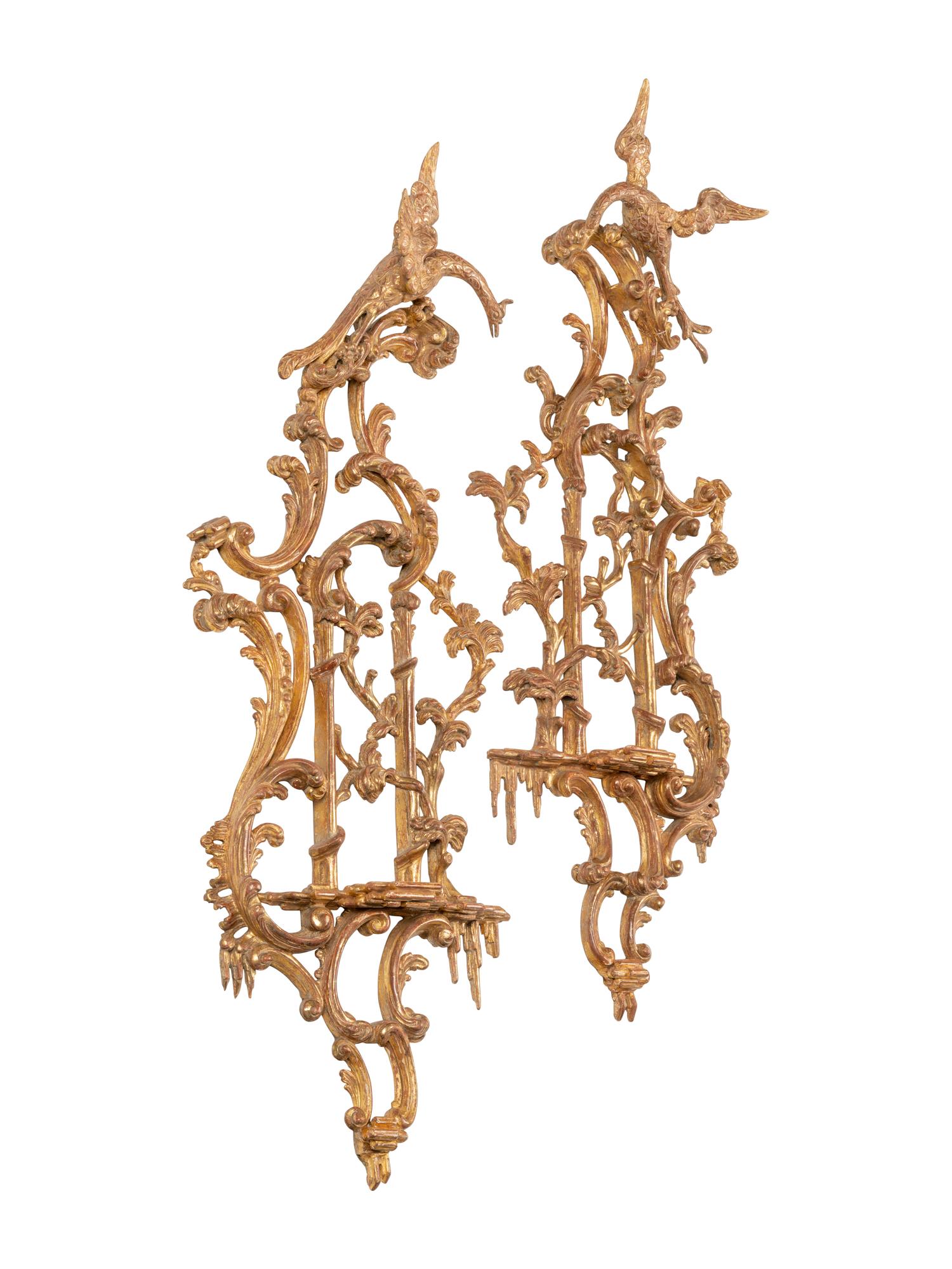 A Pair of George III "Chinese Chippendale" Giltwood Wall Brackets