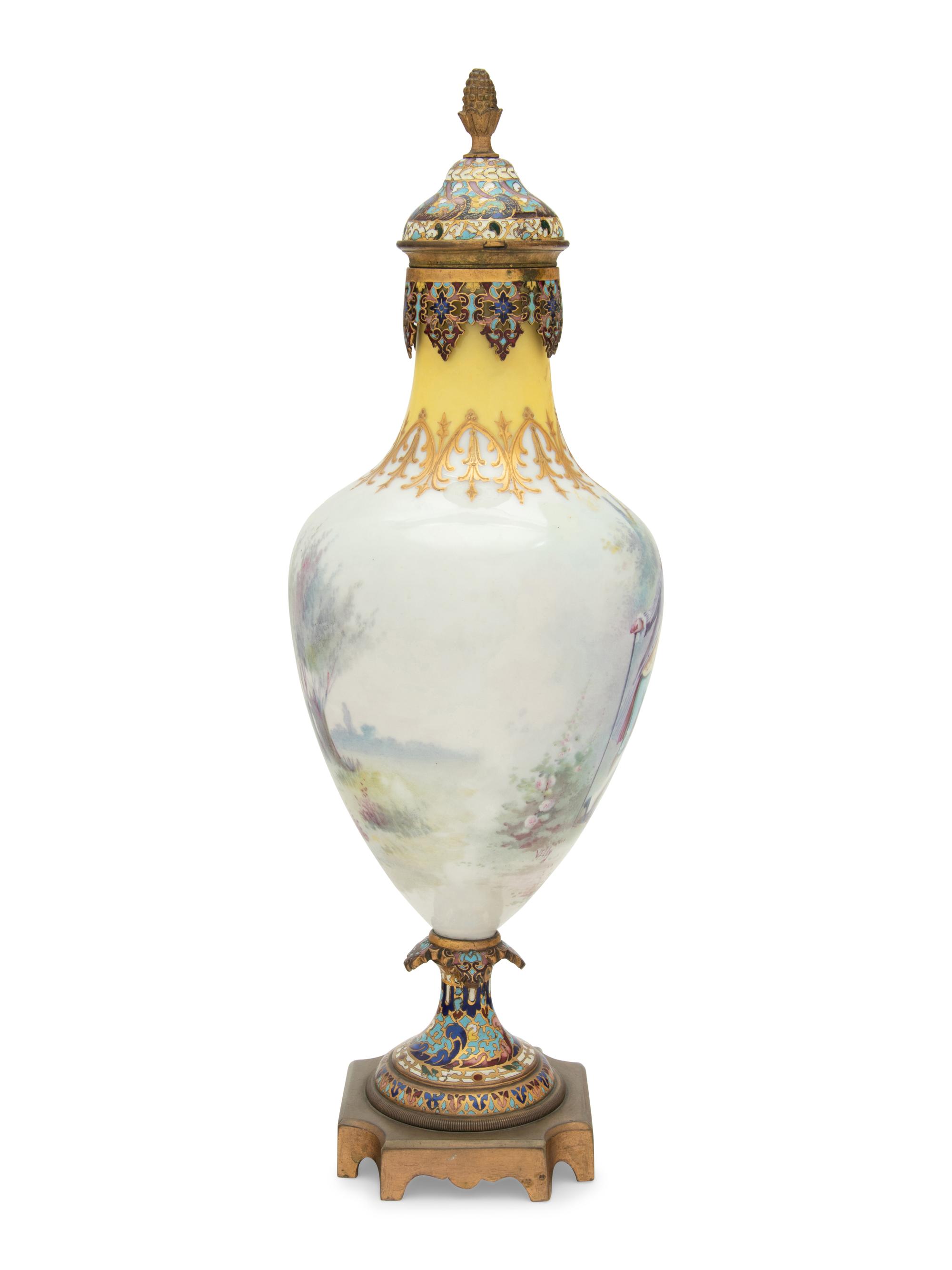 A Sèvres Style Gilt Bronze and Champlevé Enamel Mounted Porcelain Vase and Cover