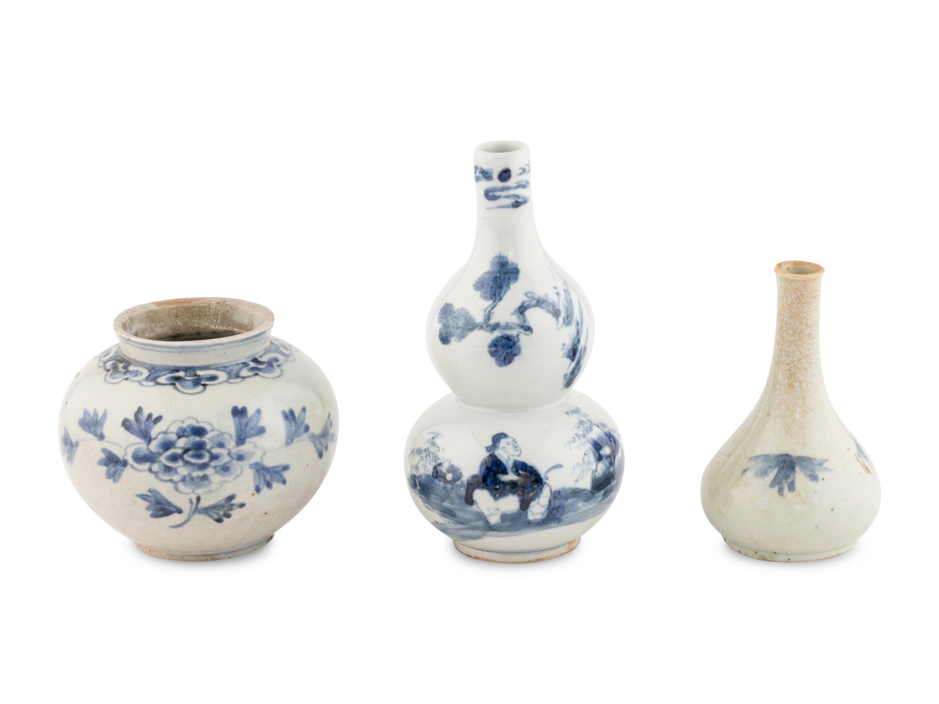 Three Chinese and Korean Blue and White Porcelain Vases