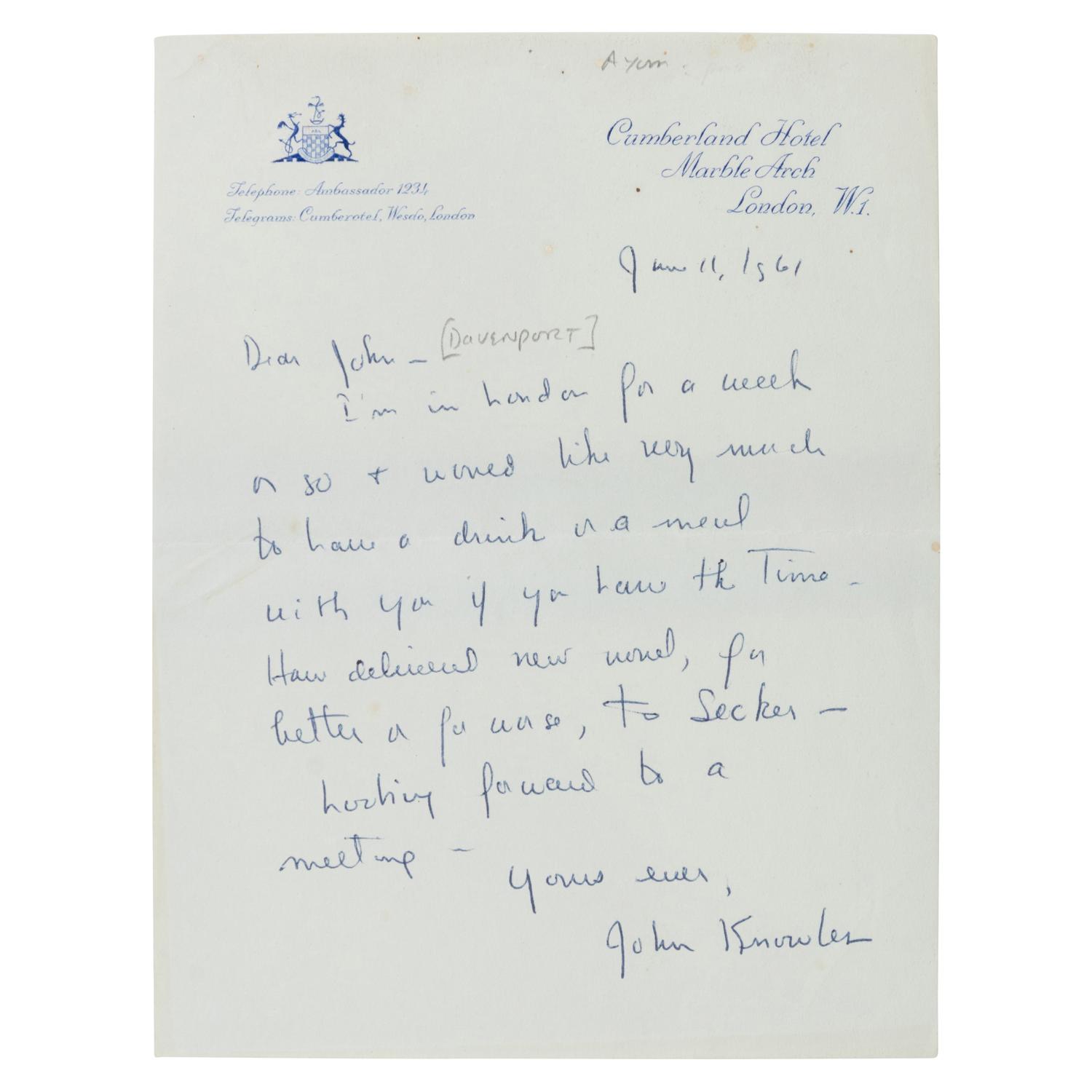 Knowles, John (1926-2001). A Separate Peace . London: Secker & Warburg, 1959.