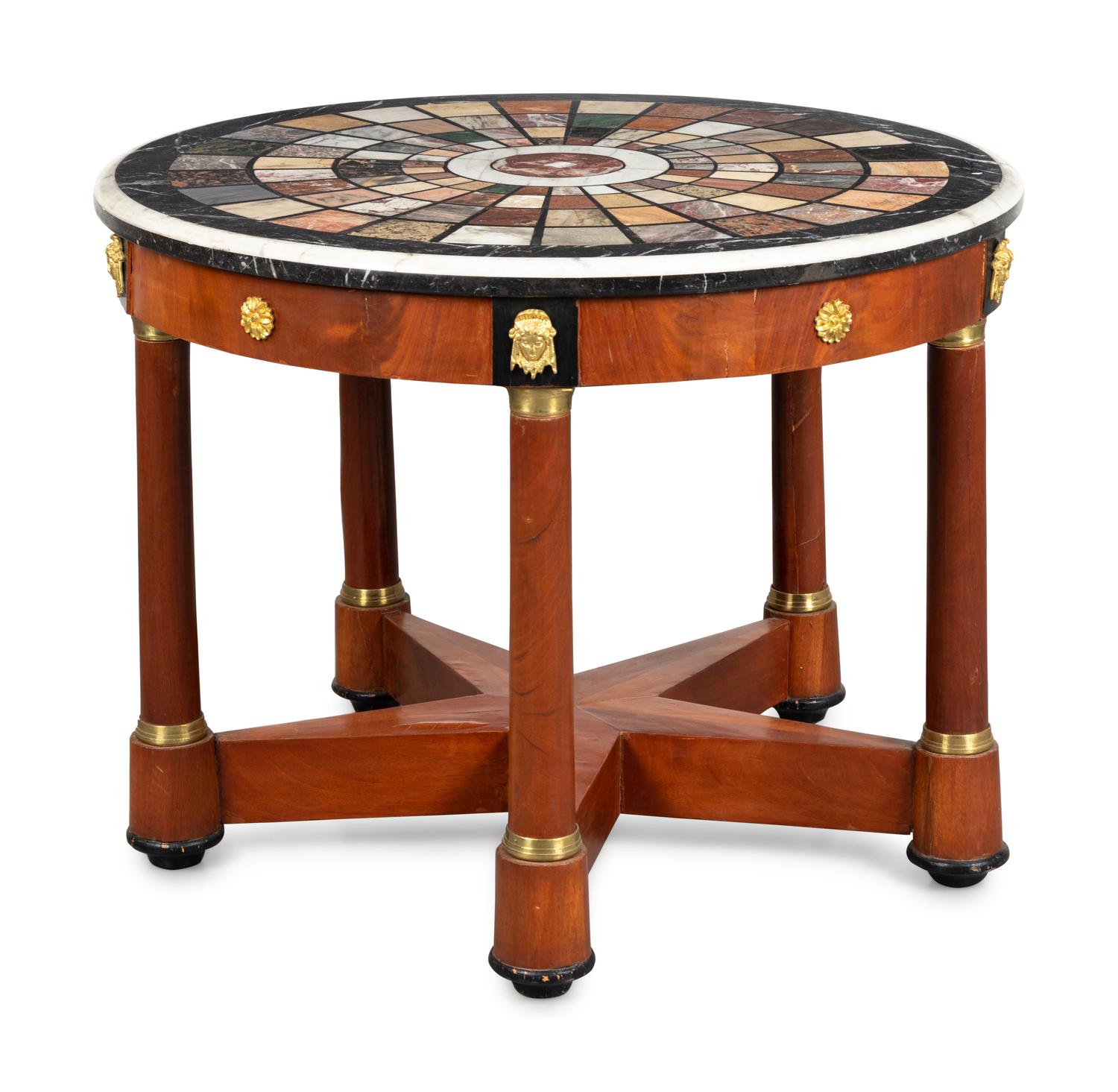 An Empire Style Brass Mounted Mahogany Center Table with a Specimen Marble Top