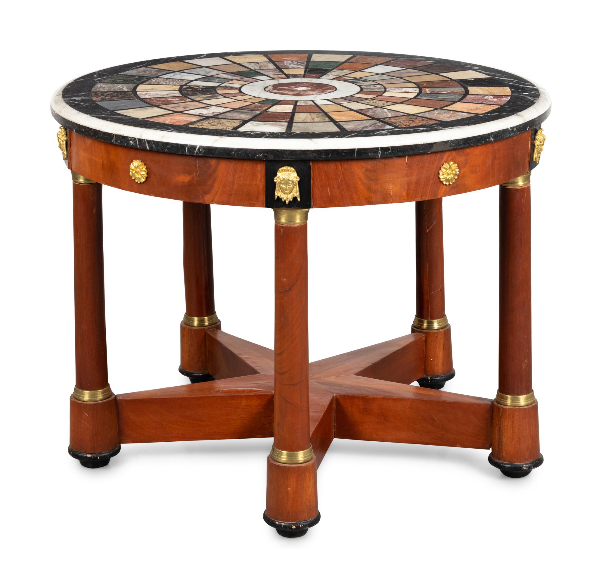 An Empire Style Brass Mounted Mahogany Center Table with a Specimen Marble Top