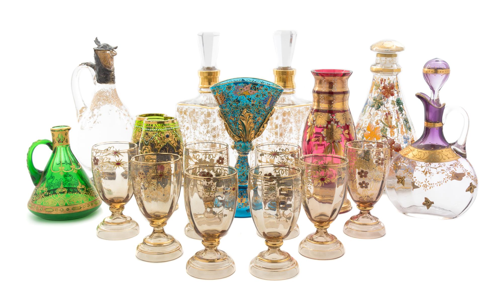 A Collection of Gilt and Enameled Glass Articles Height of pair 11 inches.