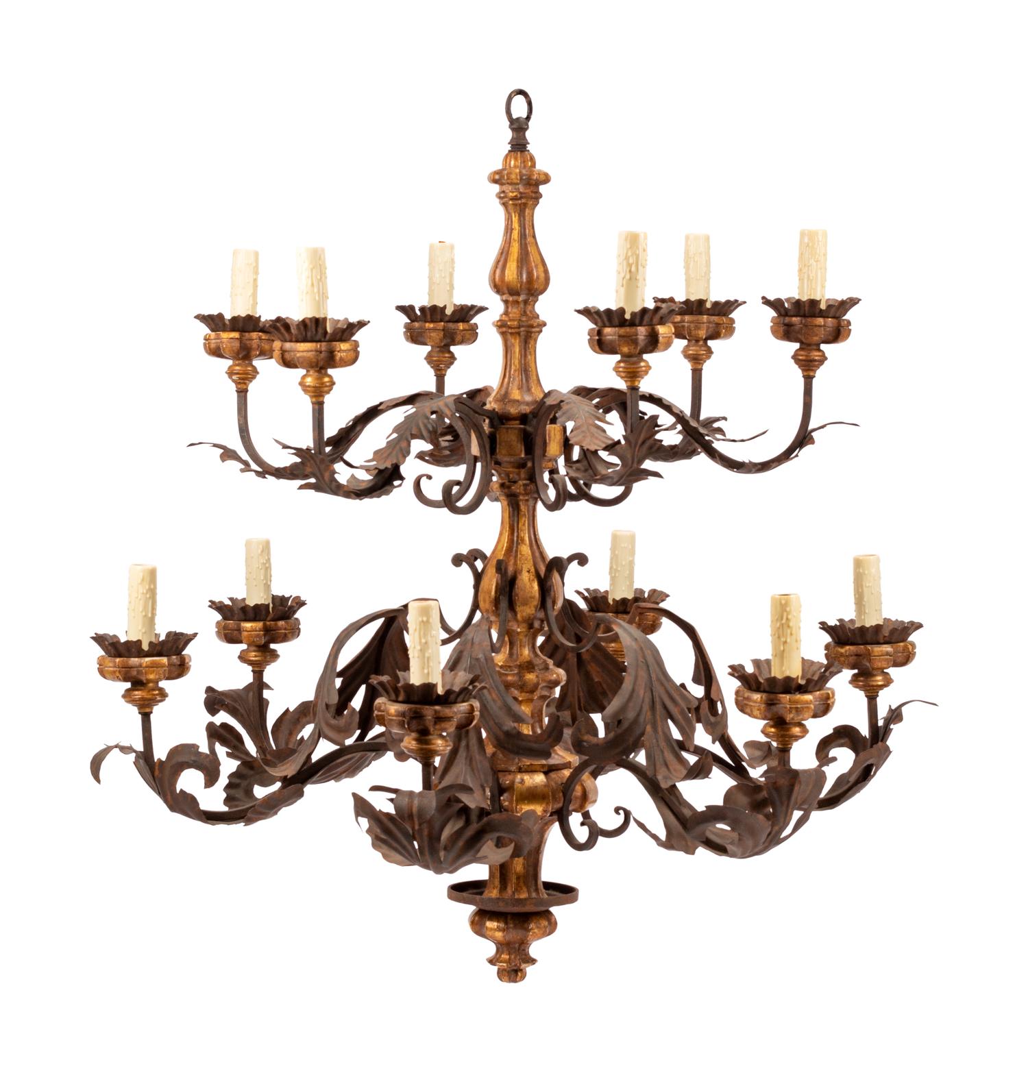 A Spanish Giltwood and Iron Twelve-Light Chandelier