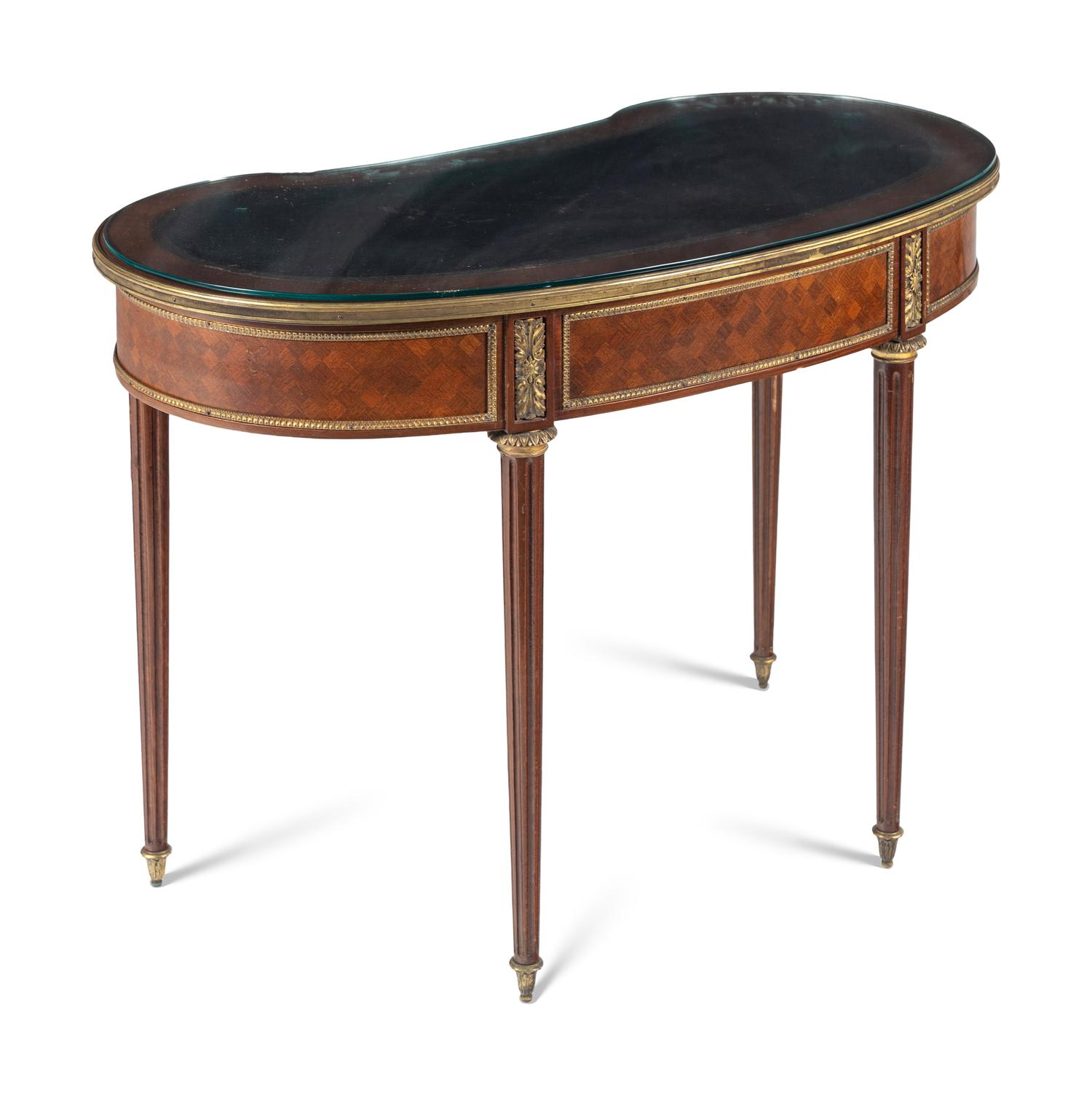 A Louis XVI Style Gilt Bronze Mounted Parquetry Writing Table