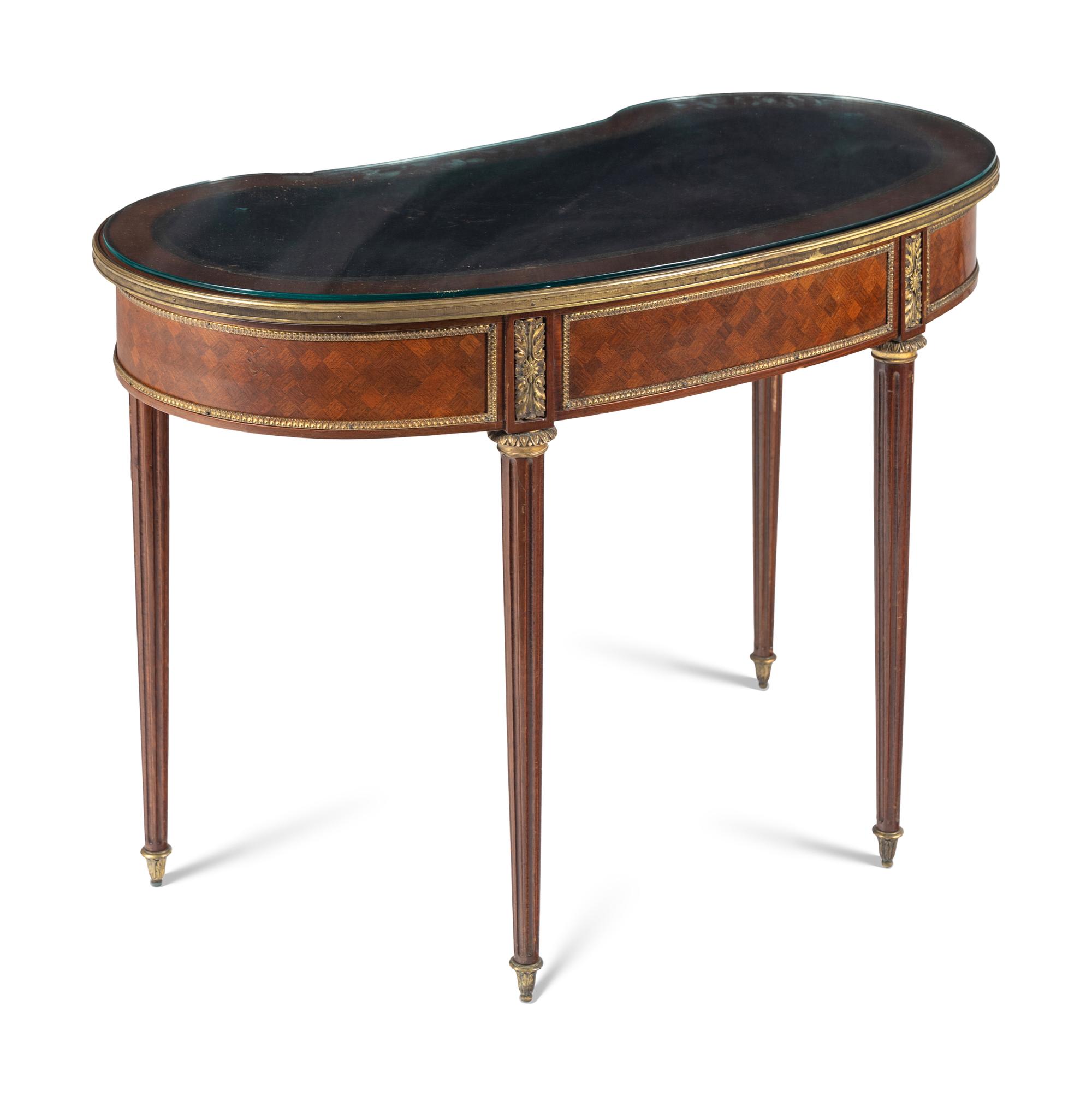 A Louis XVI Style Gilt Bronze Mounted Parquetry Writing Table