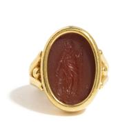 A Roman Carnelian Ring Stone with the Goddess Minerva — Set in a gold ring