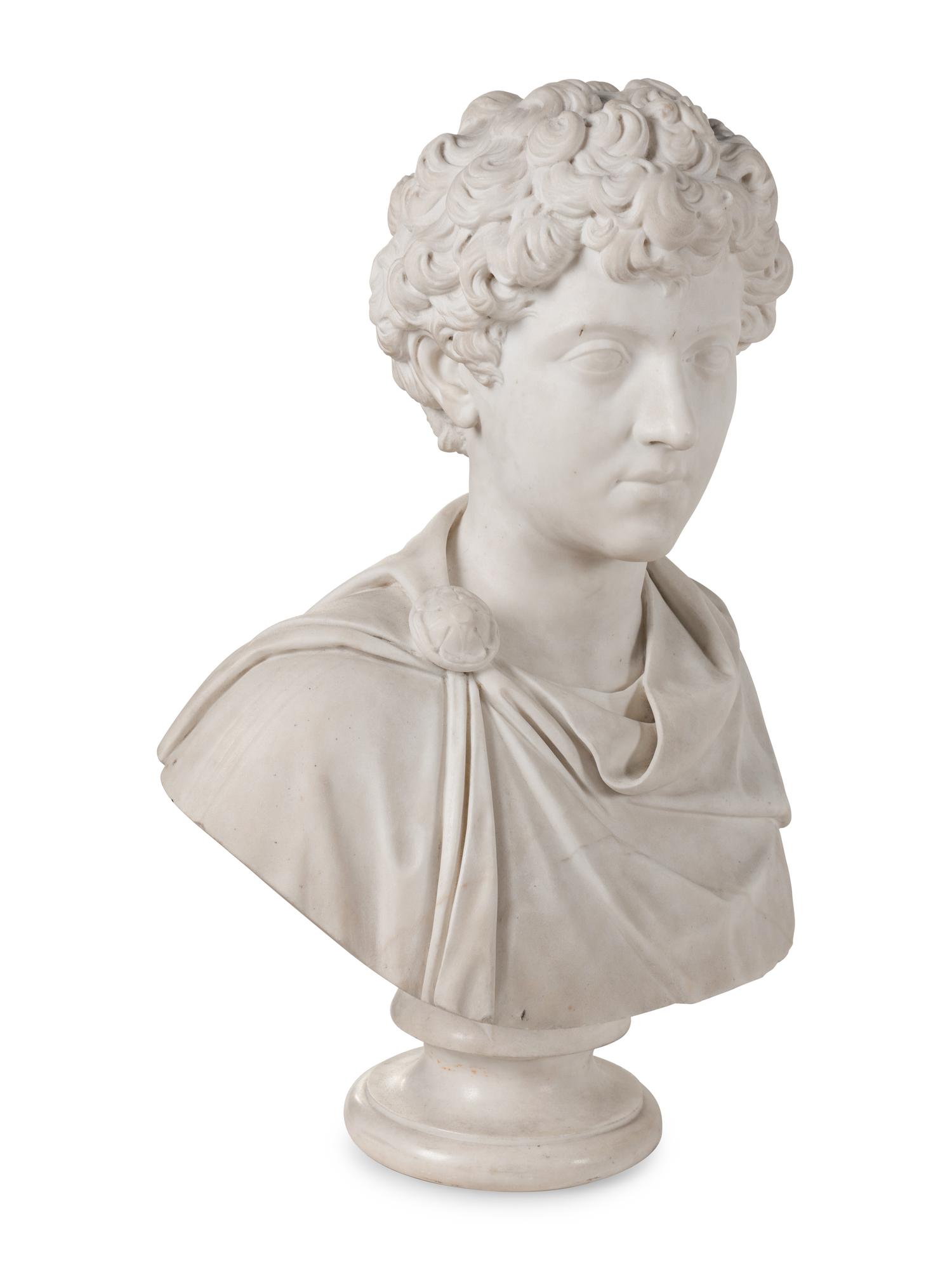 A Continental Carved Marble Bust of Young Marcus Aurelius