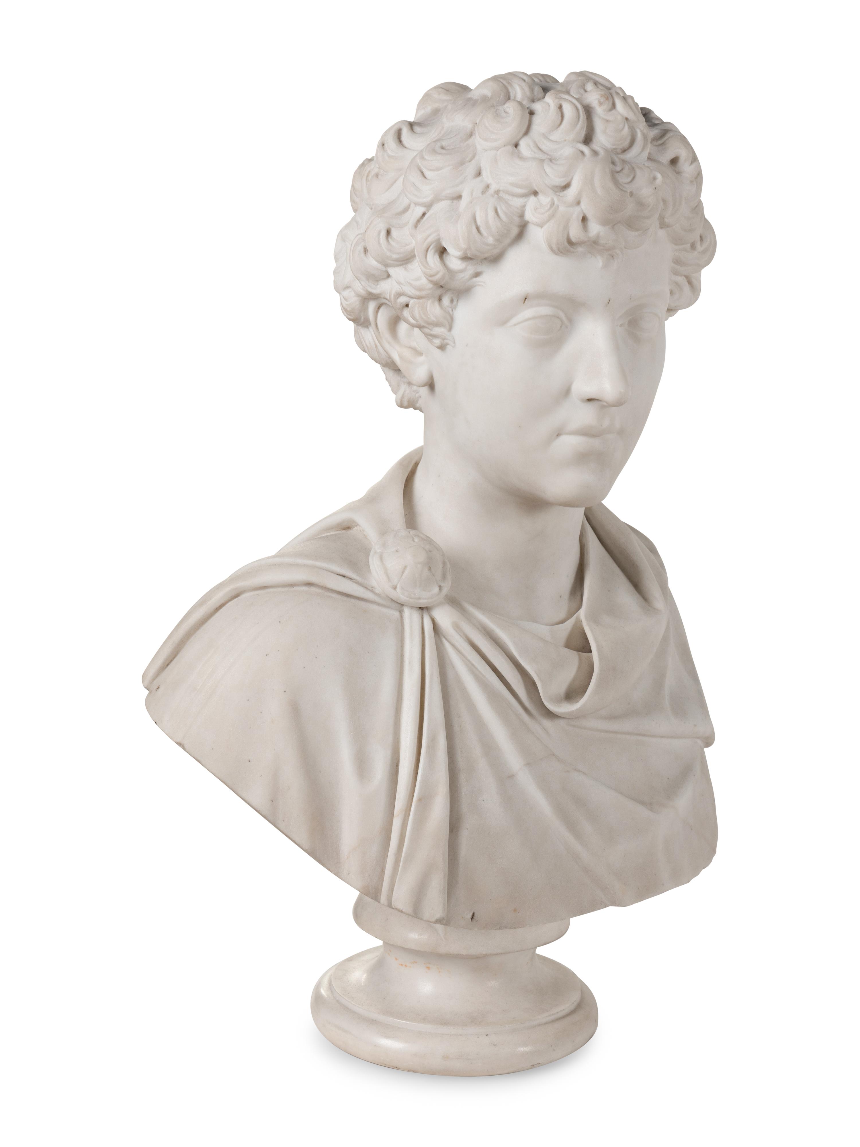 A Continental Carved Marble Bust of Young Marcus Aurelius