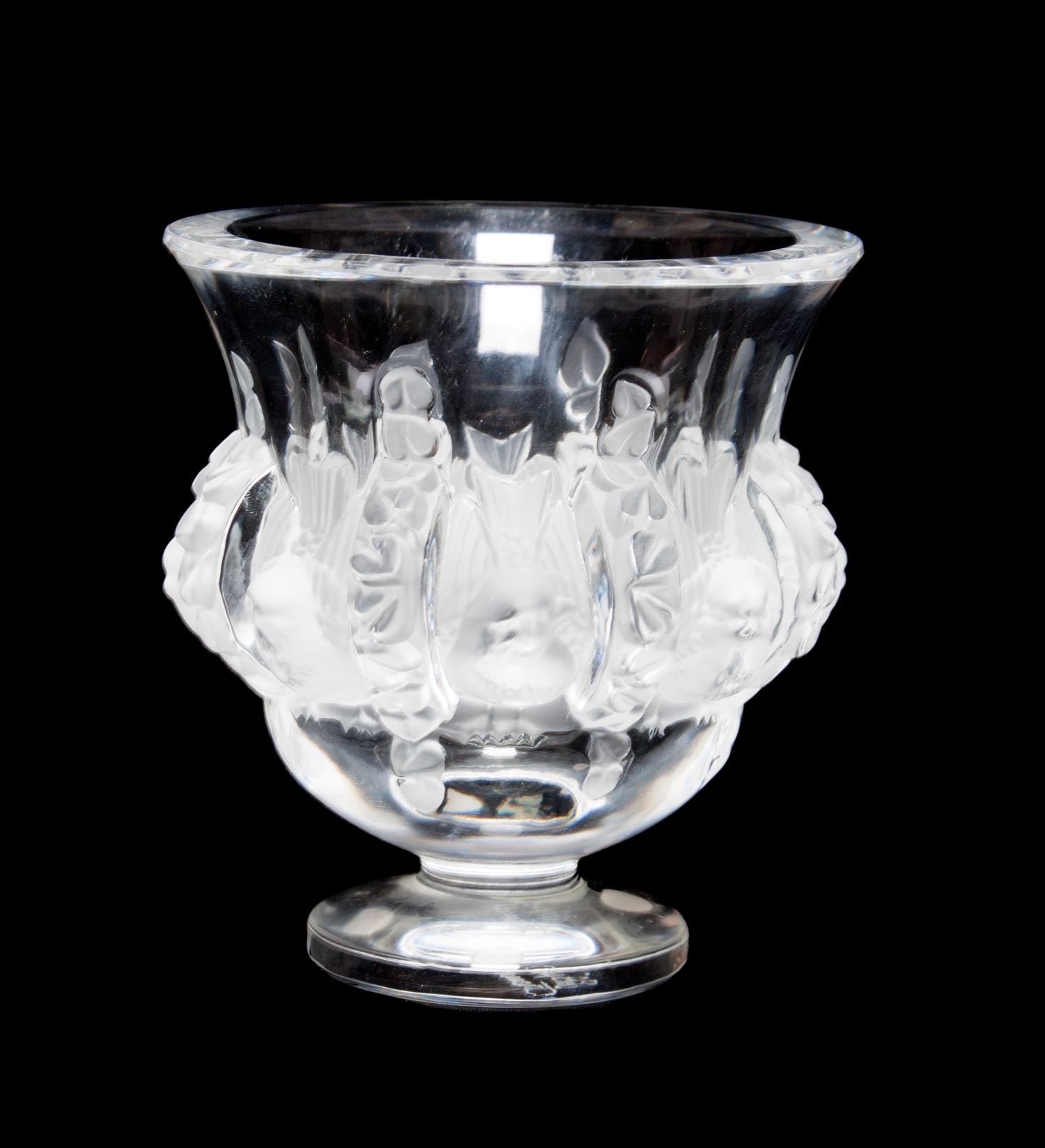 A Lalique Molded and Frosted Glass Vase Height 5 inches.
