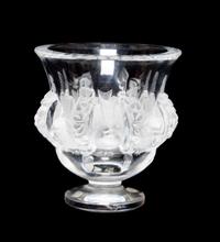 A Lalique Molded and Frosted Glass Vase Height 5 inches.